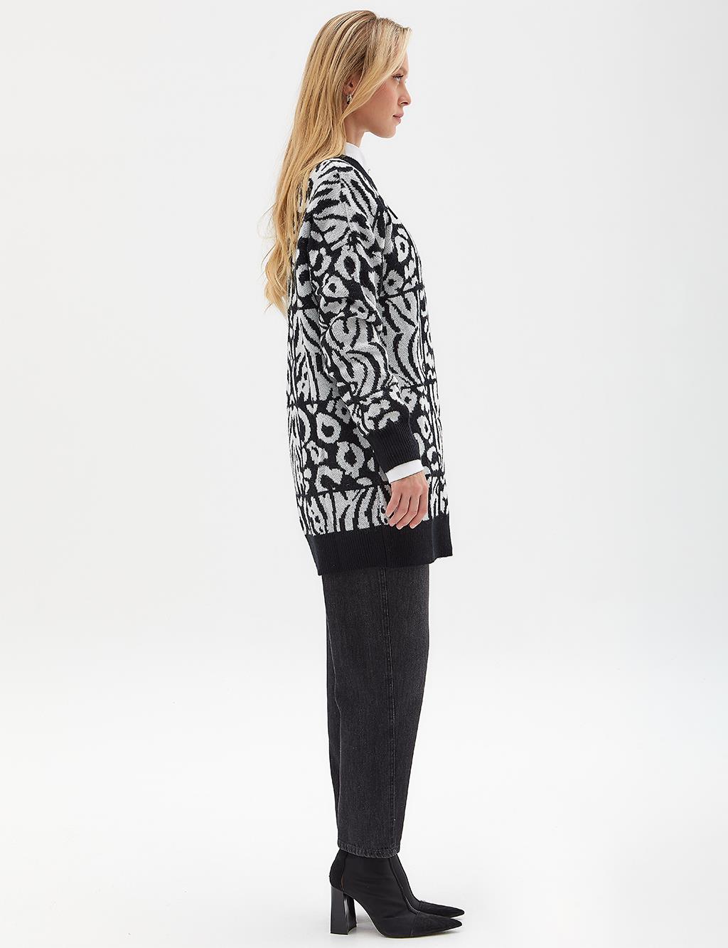 Exclusive Abstract Patterned Knitwear Tunic Black-Optical White