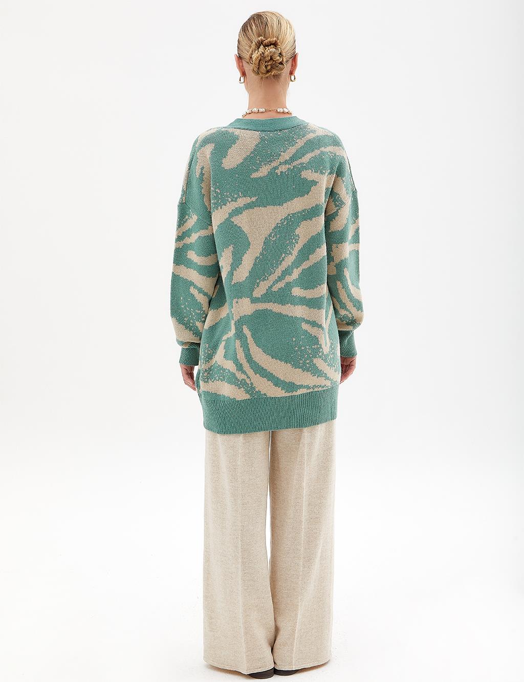 Exclusive Buttoned Zebra Pattern Knitwear Cardigan Moss Green Cream