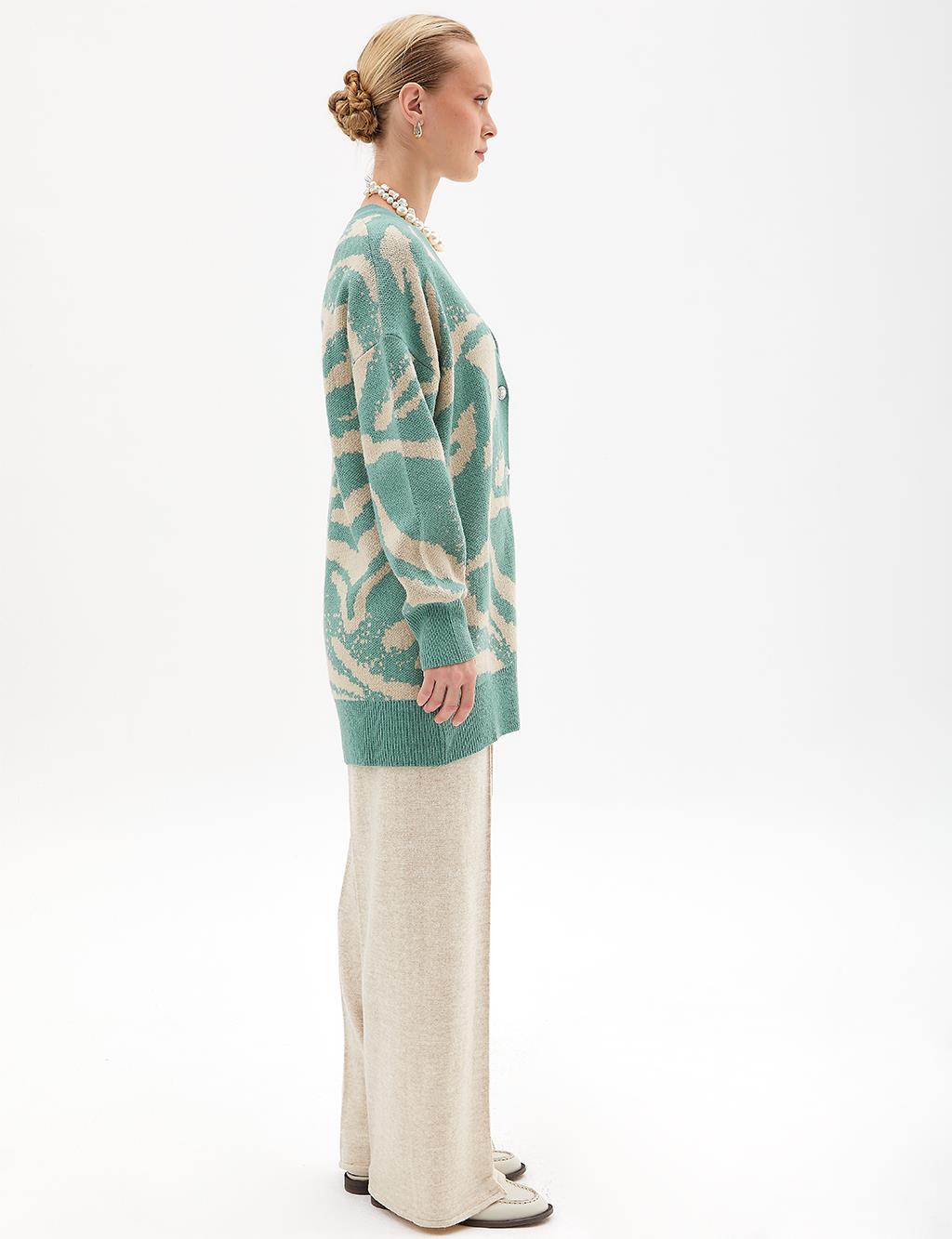 Exclusive Buttoned Zebra Pattern Knitwear Cardigan Moss Green Cream