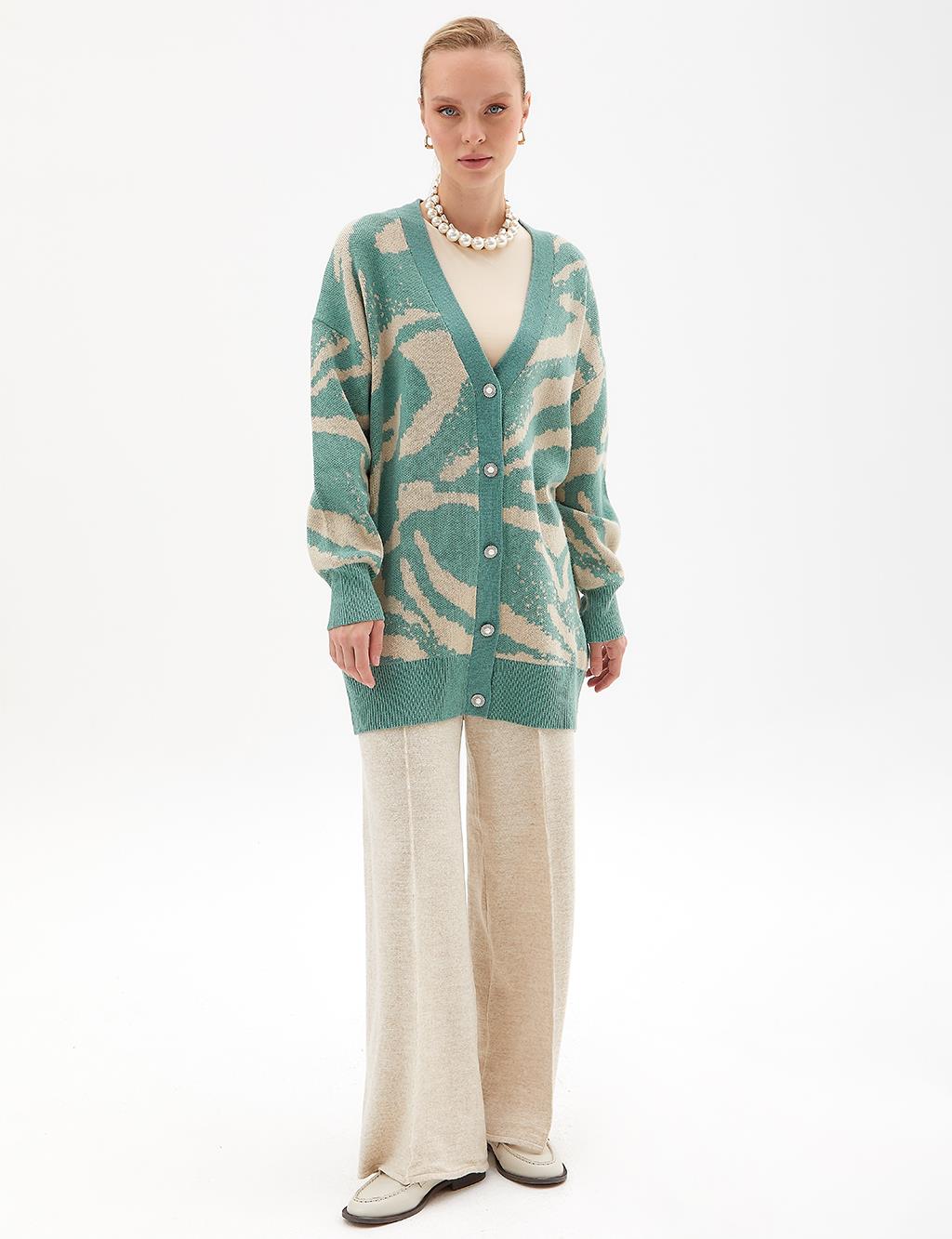 Exclusive Buttoned Zebra Pattern Knitwear Cardigan Moss Green Cream