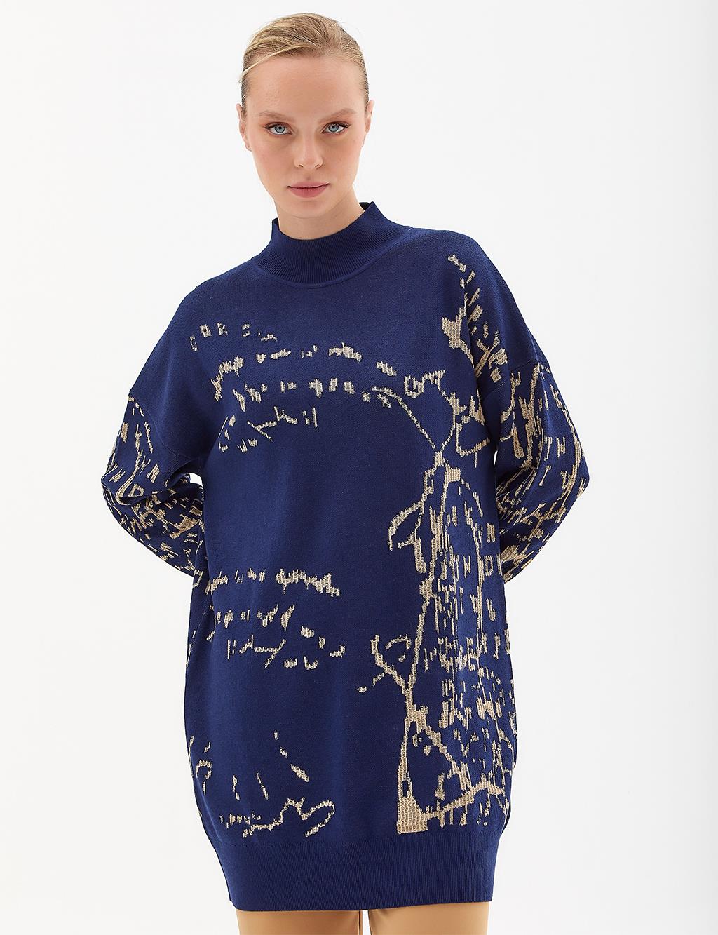 Exclusive Fisherman Collar Yarn Design Knit Tunic İndigo