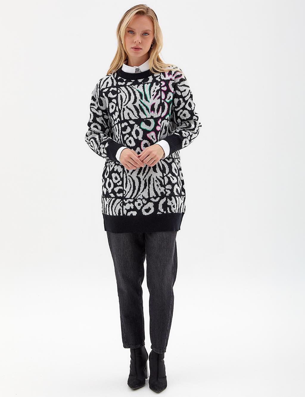 Exclusive Abstract Patterned Knitwear Tunic Black-Optical White