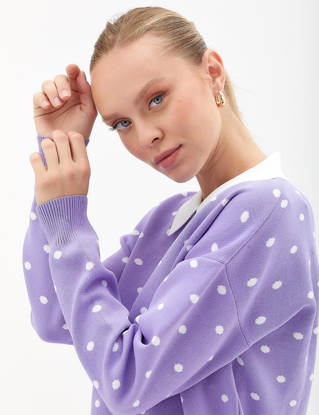 Collared Polka Dot Knitwear Tunic Lilac