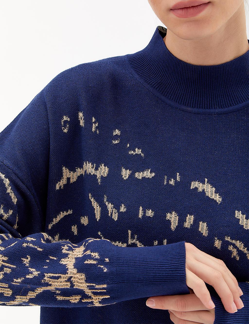 Exclusive Fisherman Collar Yarn Design Knit Tunic İndigo