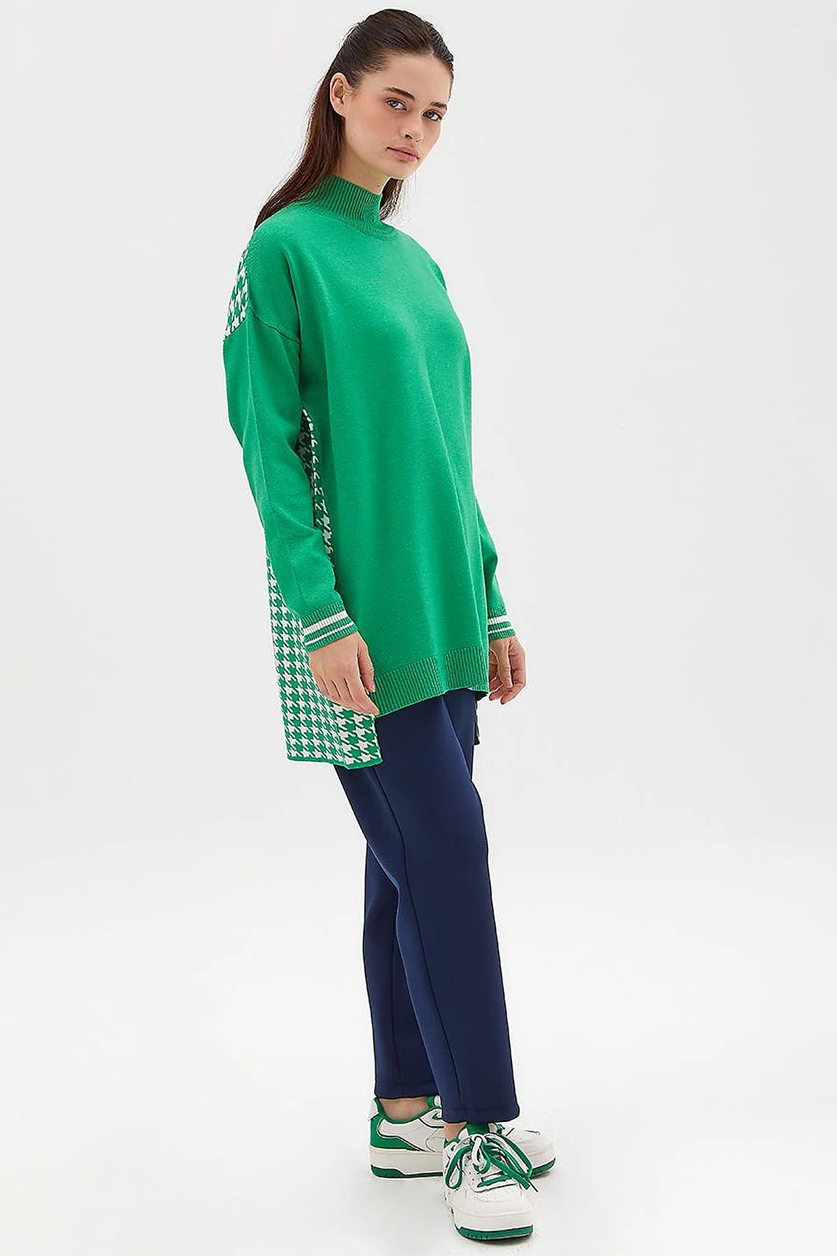 Houndstooth Patterned Knitwear Tunic Green