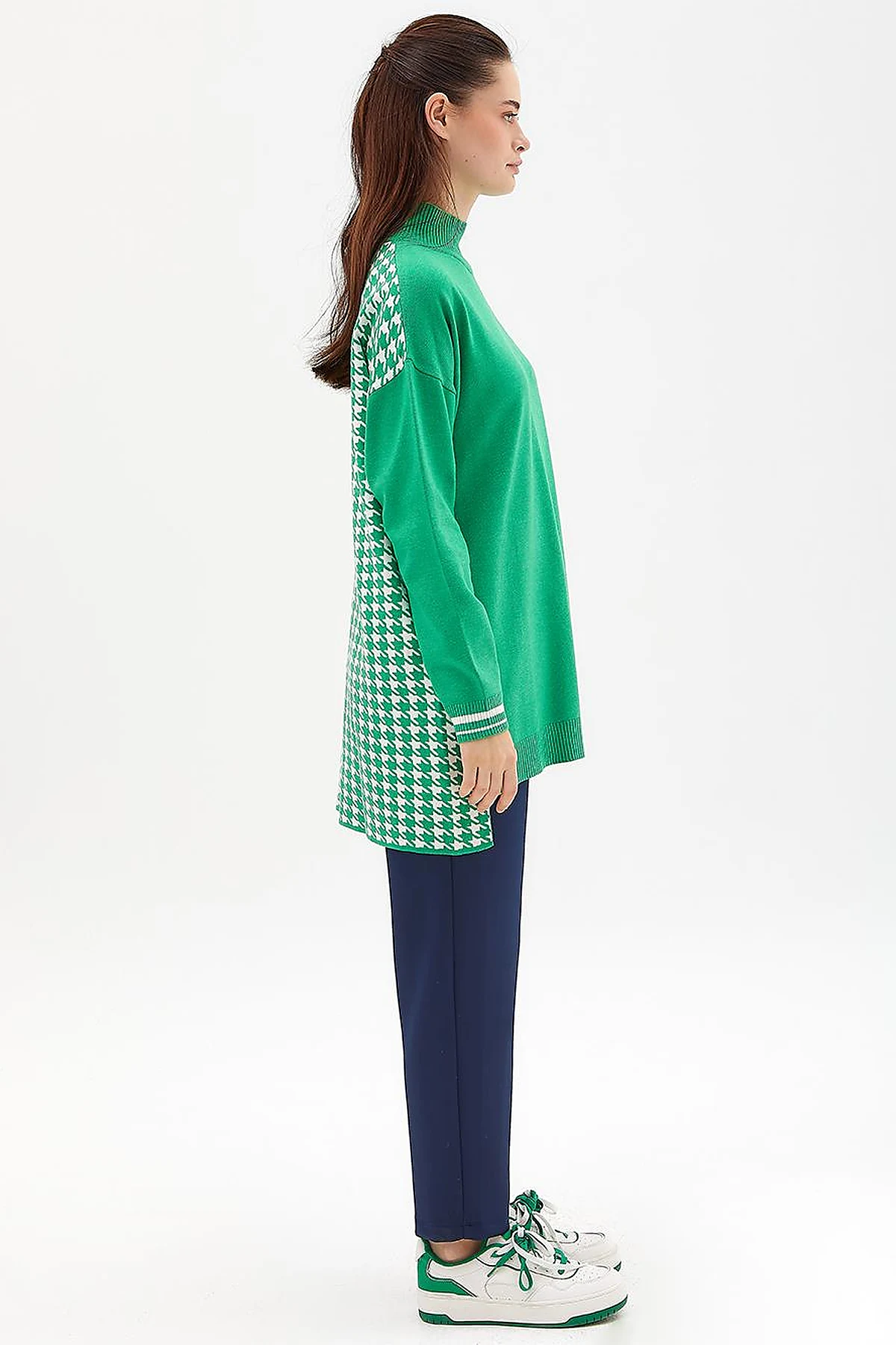 Houndstooth Patterned Knitwear Tunic Green