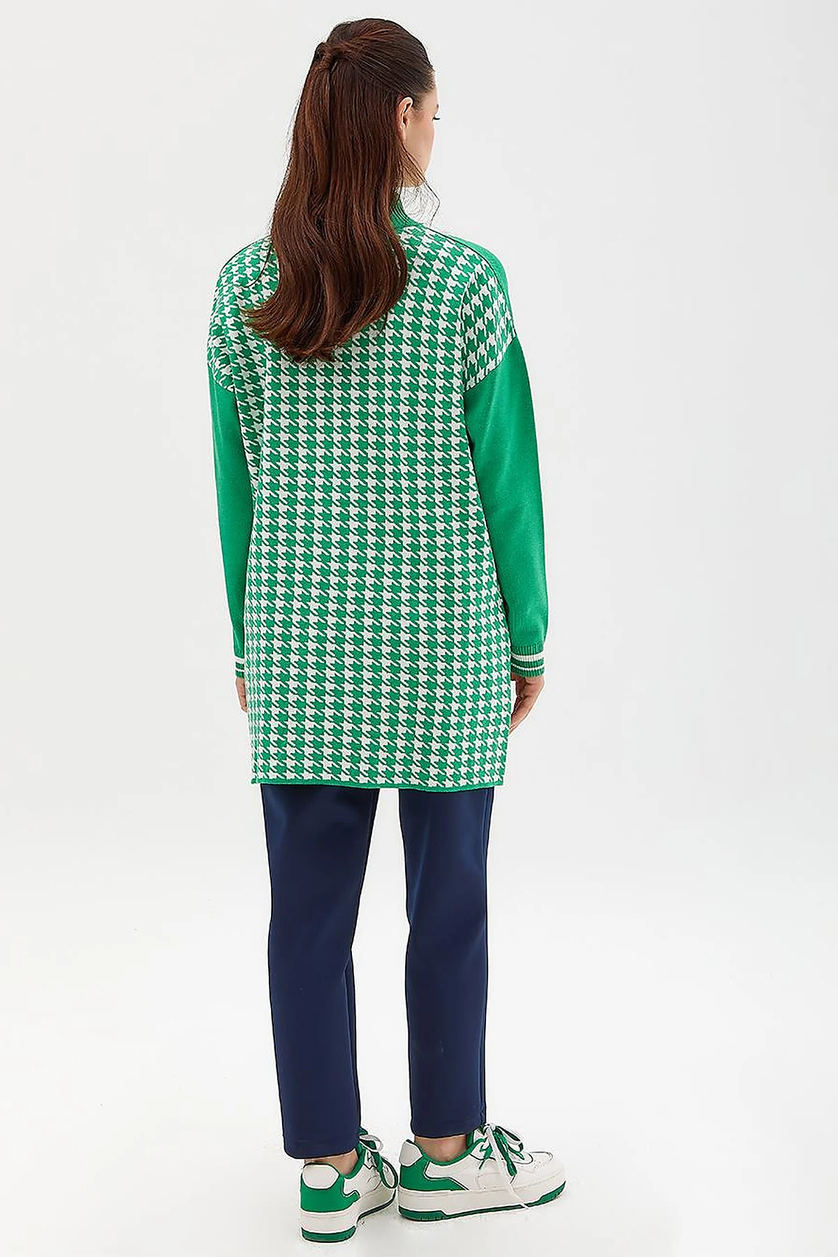 Houndstooth Patterned Knitwear Tunic Green