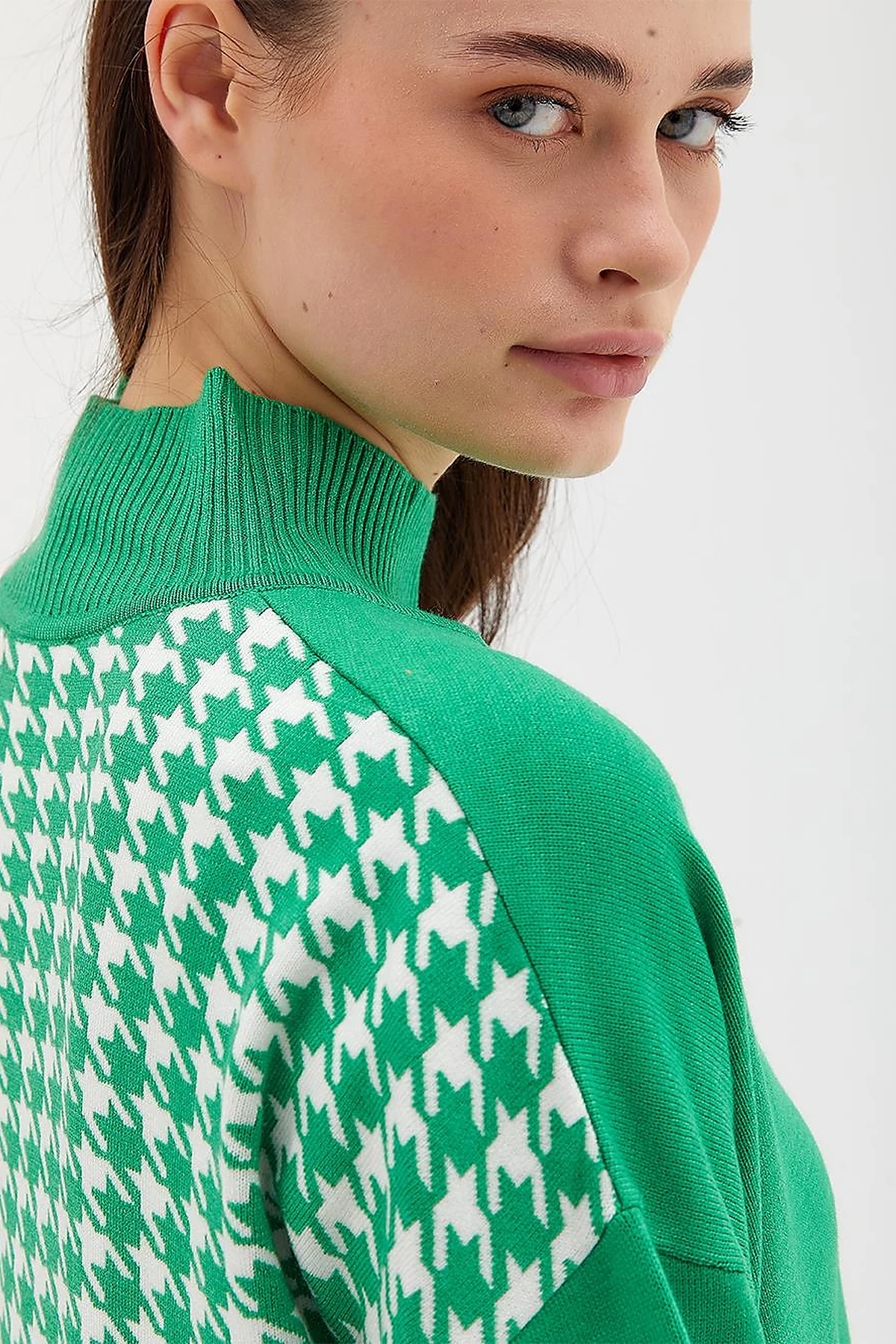 Houndstooth Patterned Knitwear Tunic Green