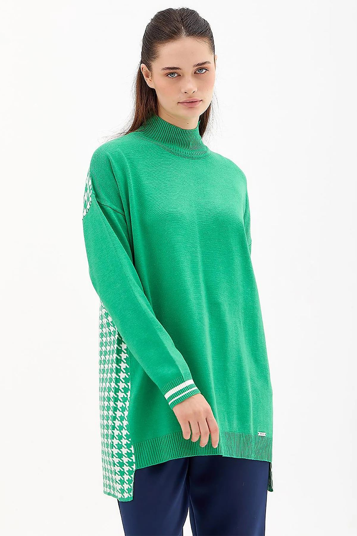 Houndstooth Patterned Knitwear Tunic Green