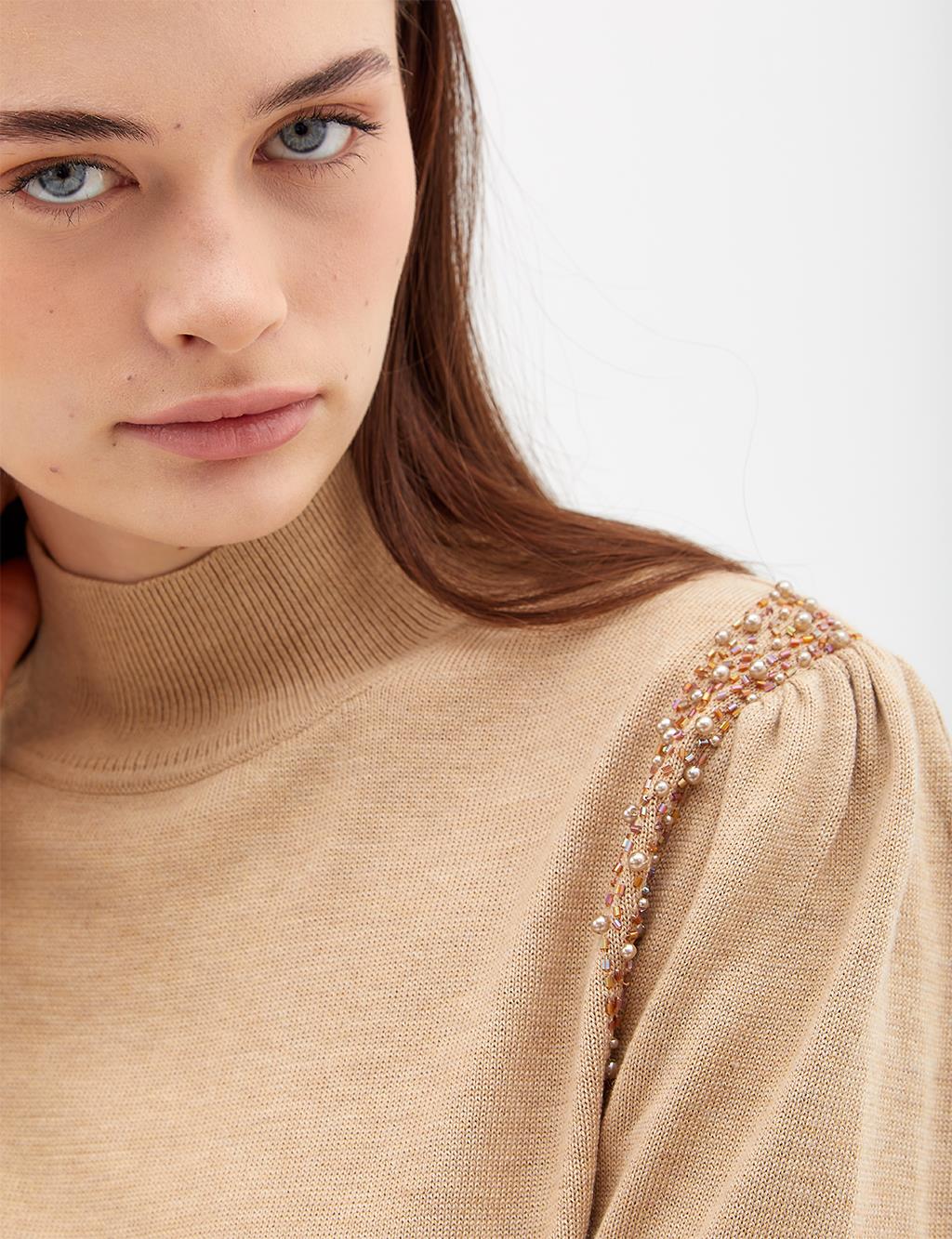 Exclusive Stoned Balloon Sleeve Knitwear Sweater Camel