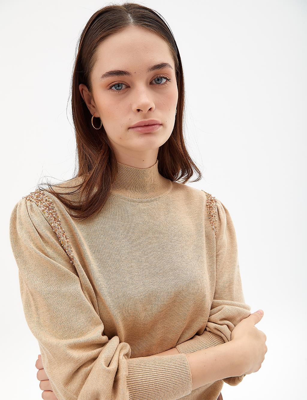 Exclusive Stoned Balloon Sleeve Knitwear Sweater Camel