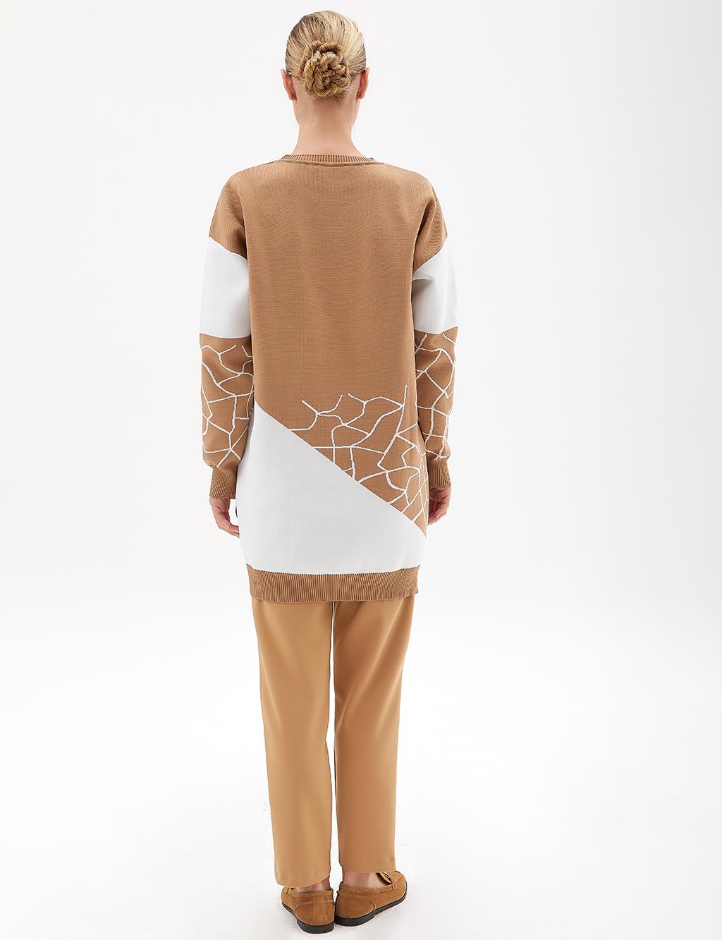 Marble Pattern Crew Neck Knitwear Tunic Beige-Ecru