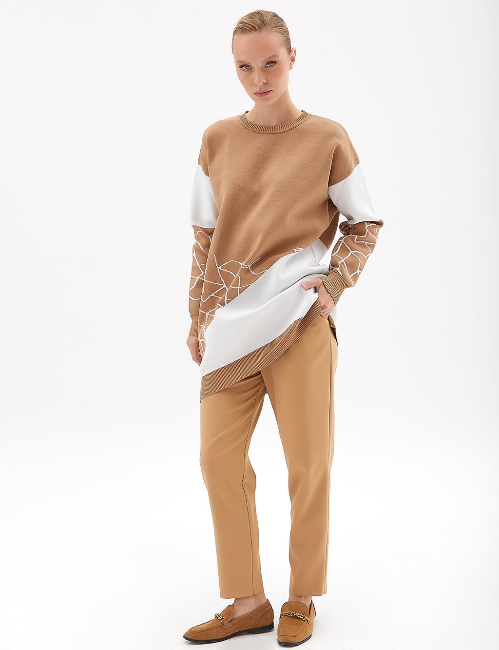 Marble Pattern Crew Neck Knitwear Tunic Beige-Ecru