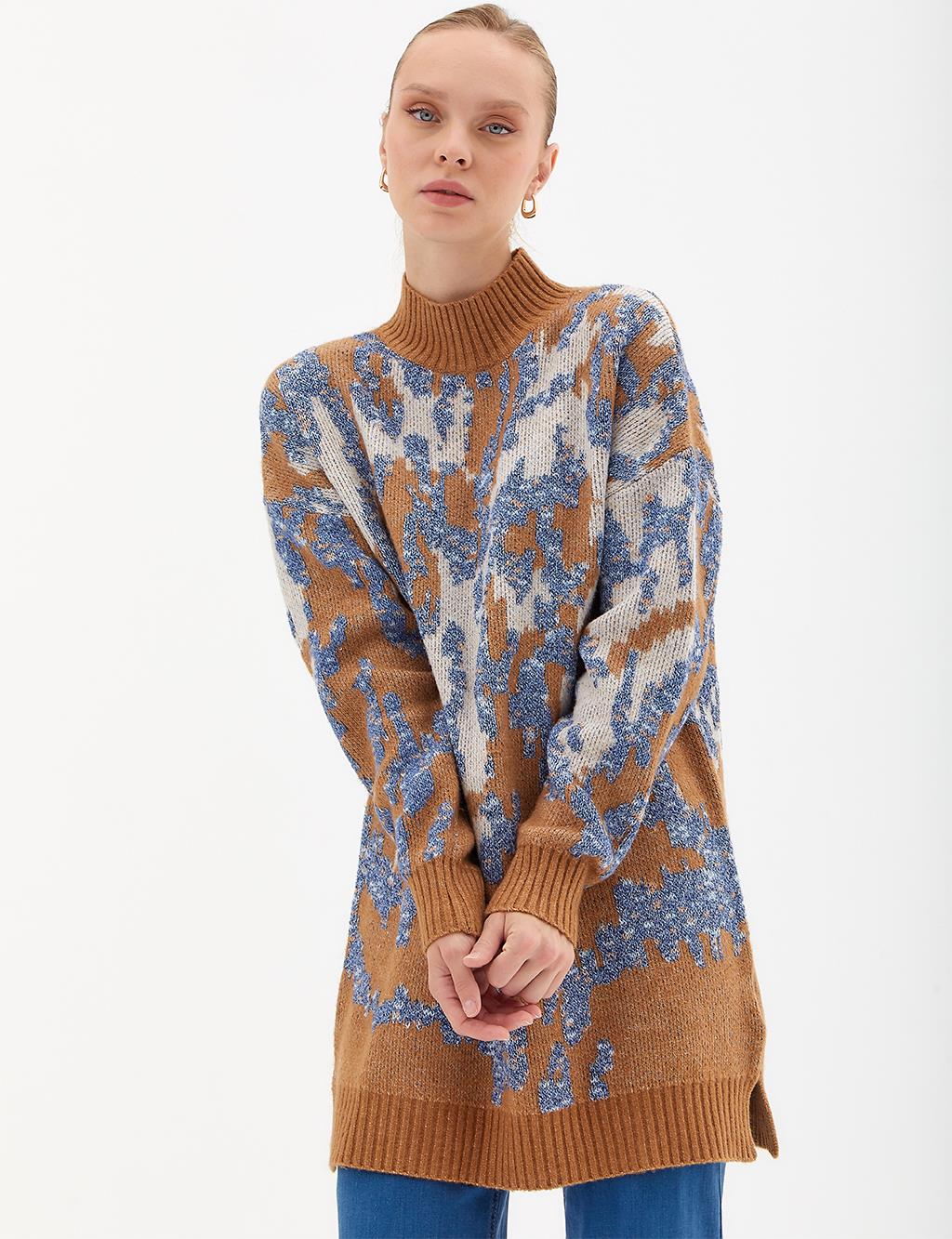 Exclusive Animal Print Glitter Knitwear Tunic İndigo