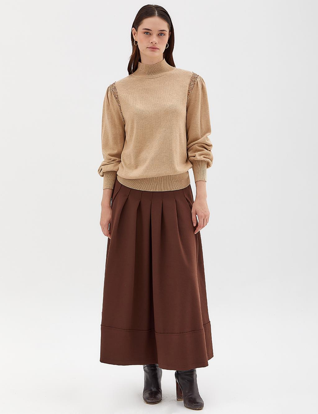 Exclusive Stoned Balloon Sleeve Knitwear Sweater Camel