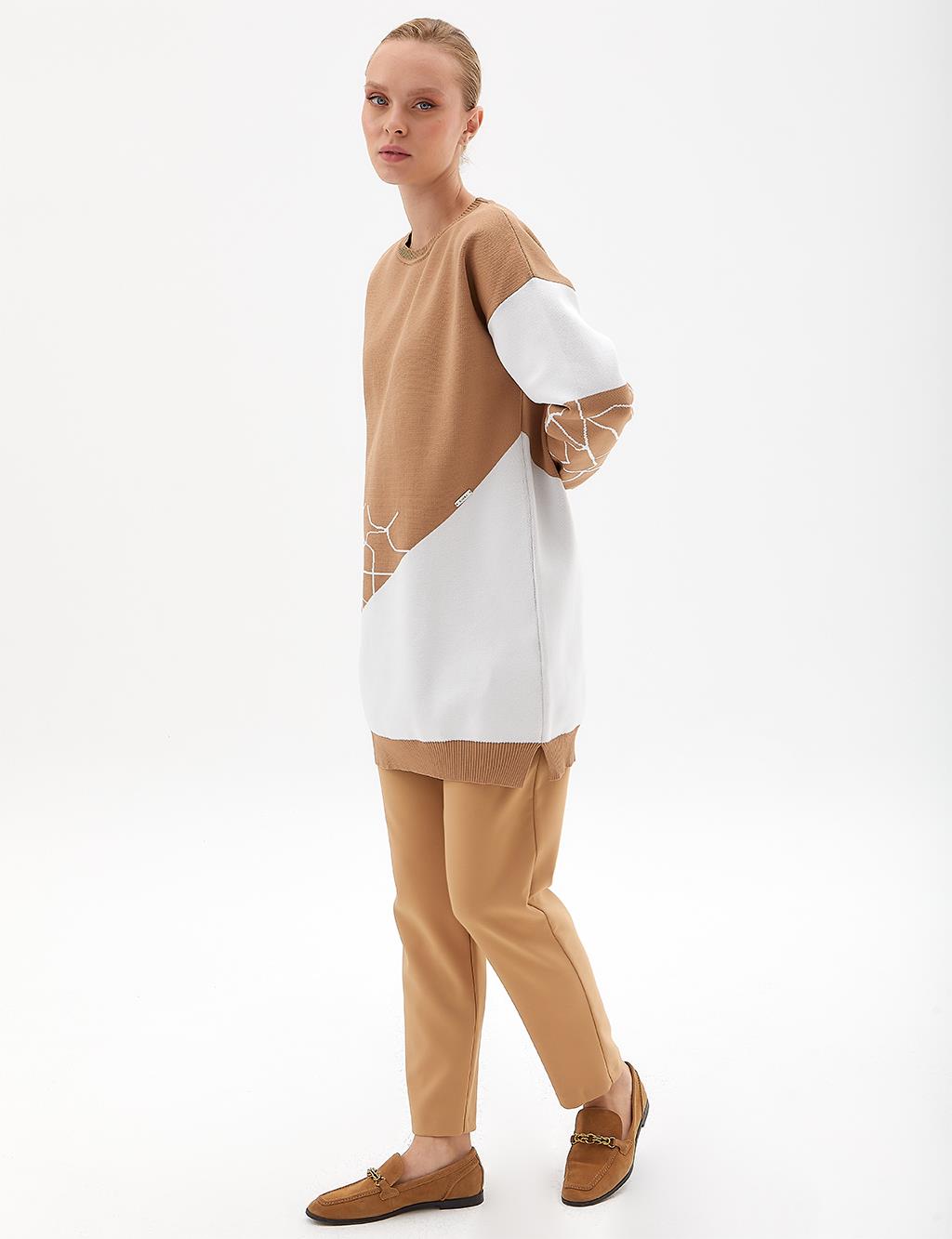 Marble Pattern Crew Neck Knitwear Tunic Beige-Ecru