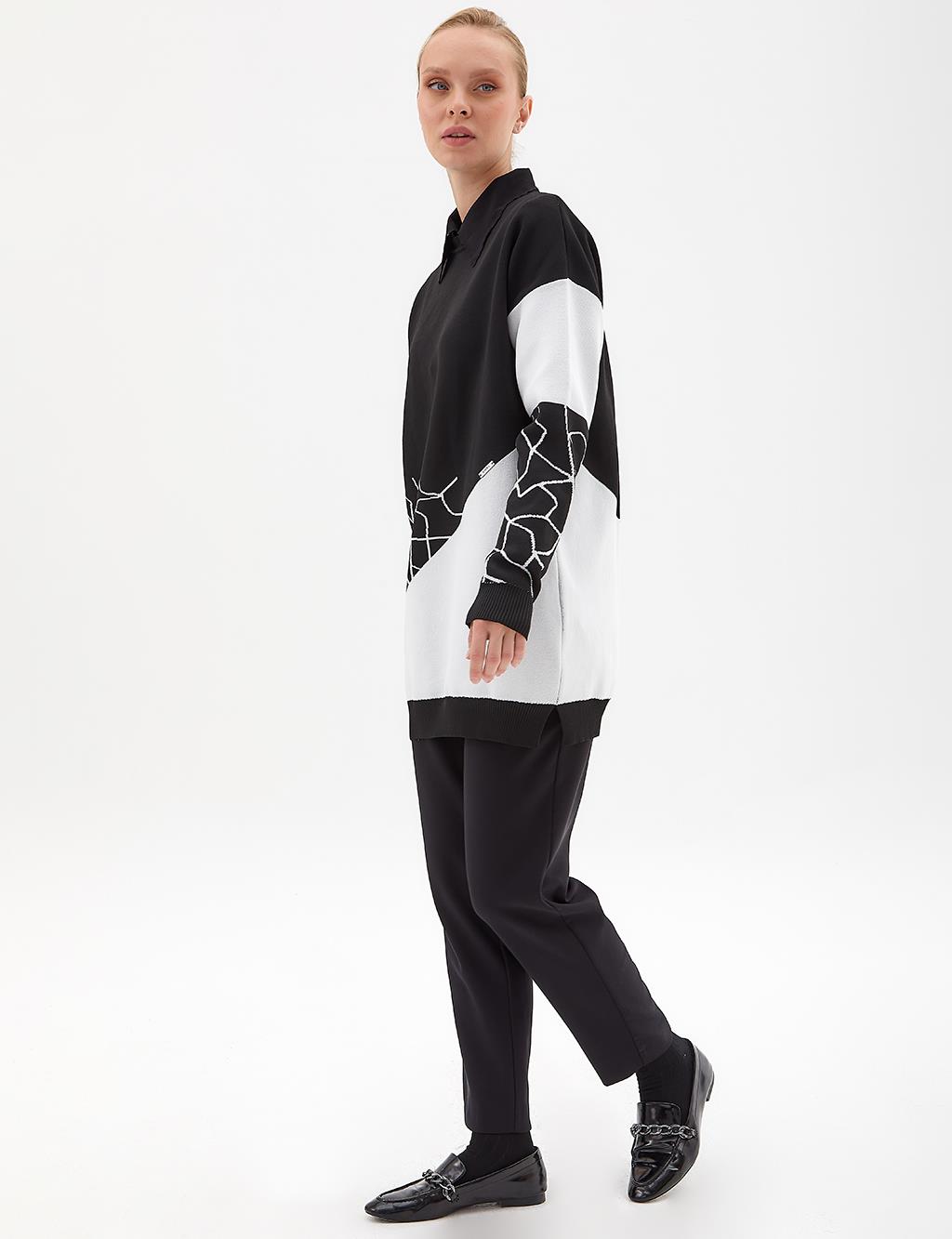Marble Pattern Crew Neck Knitwear Tunic Black