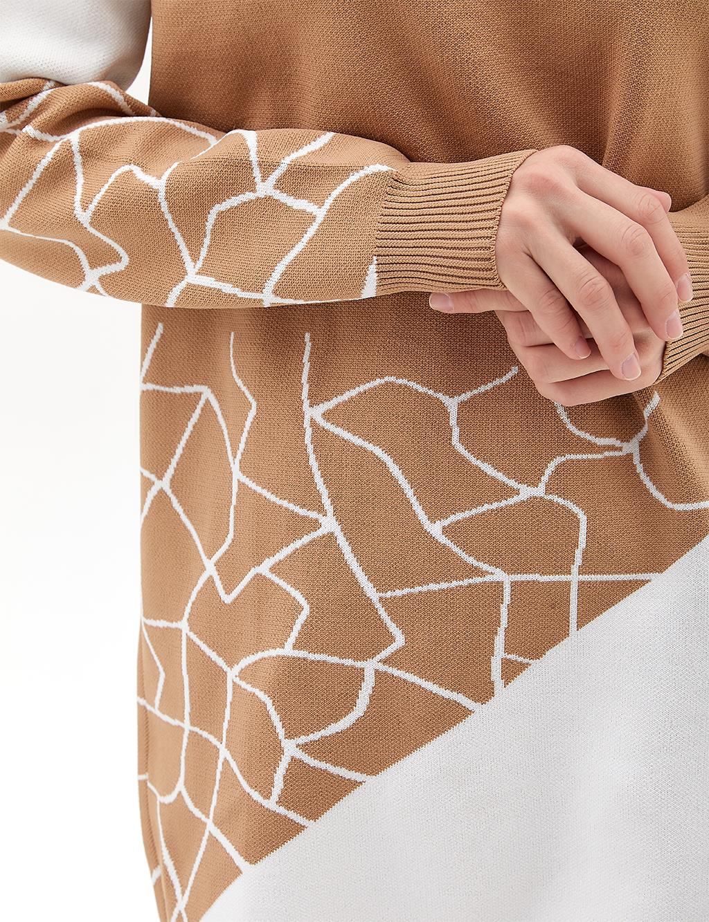 Marble Pattern Crew Neck Knitwear Tunic Beige-Ecru
