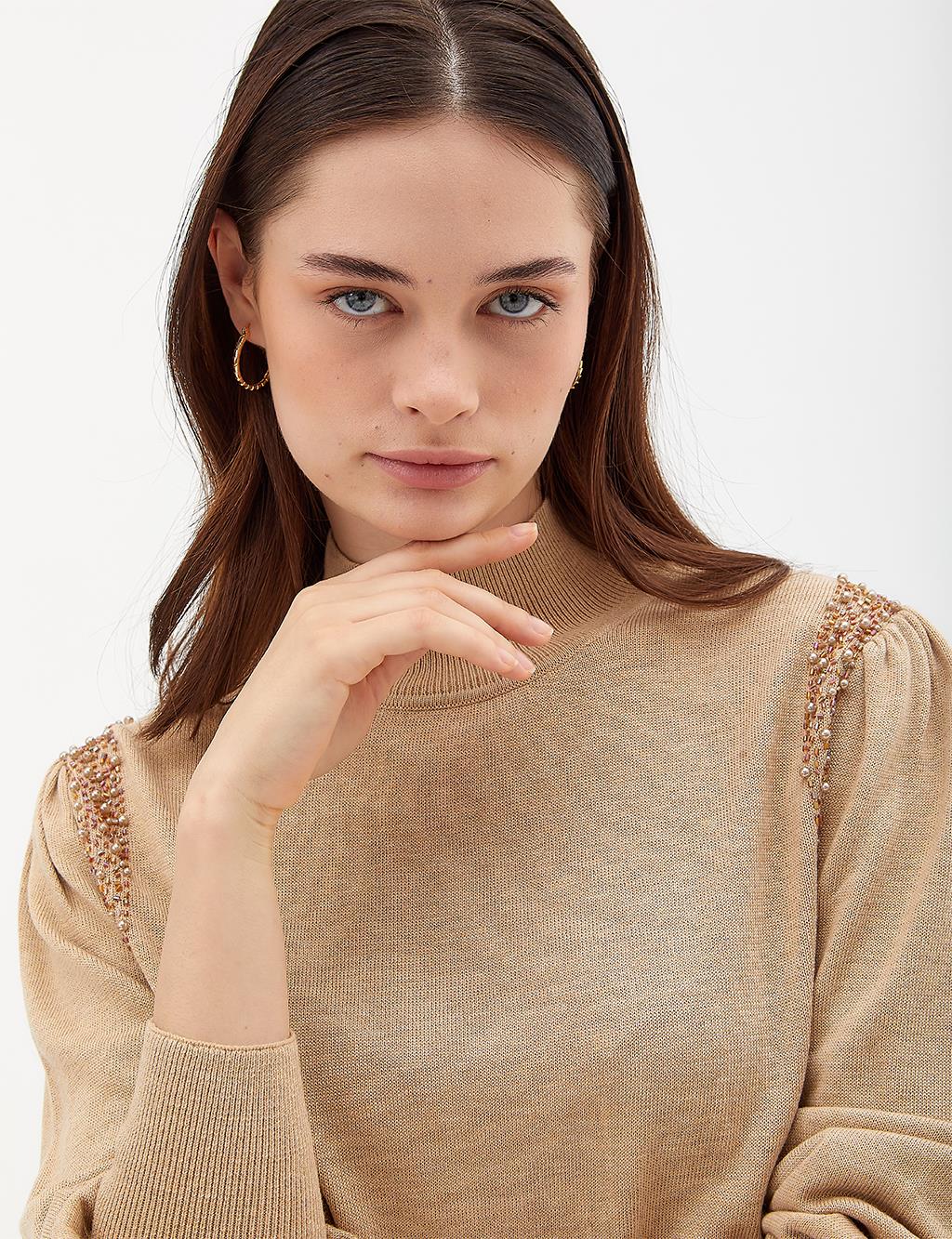 Exclusive Stoned Balloon Sleeve Knitwear Sweater Camel