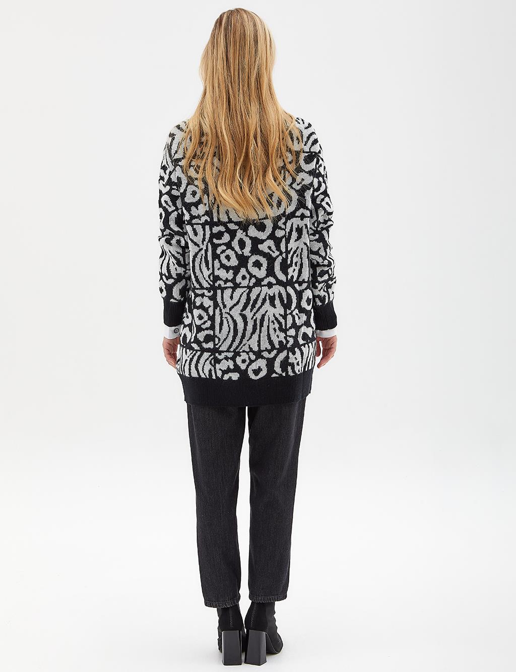 Exclusive Abstract Patterned Knitwear Tunic Black-Optical White