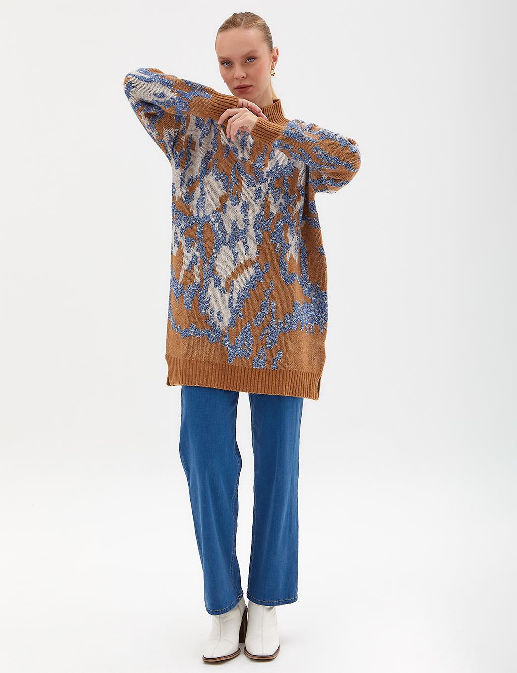 Exclusive Animal Print Glitter Knitwear Tunic İndigo