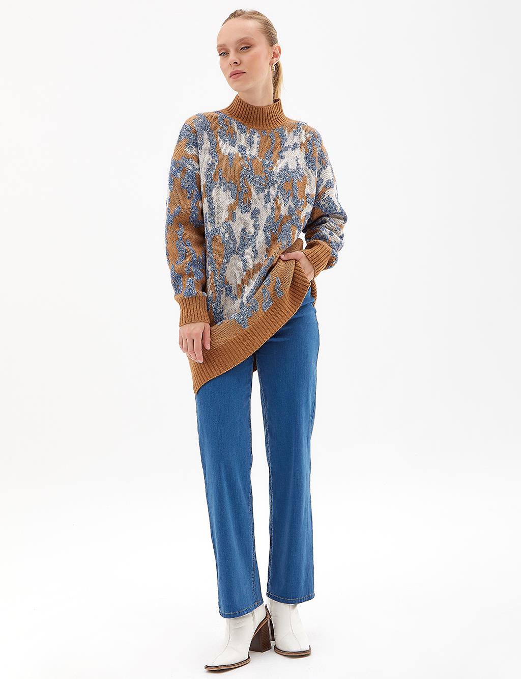 Exclusive Animal Print Glitter Knitwear Tunic İndigo