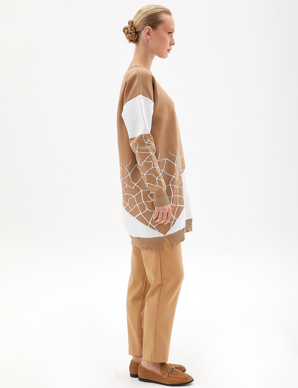 Marble Pattern Crew Neck Knitwear Tunic Beige-Ecru