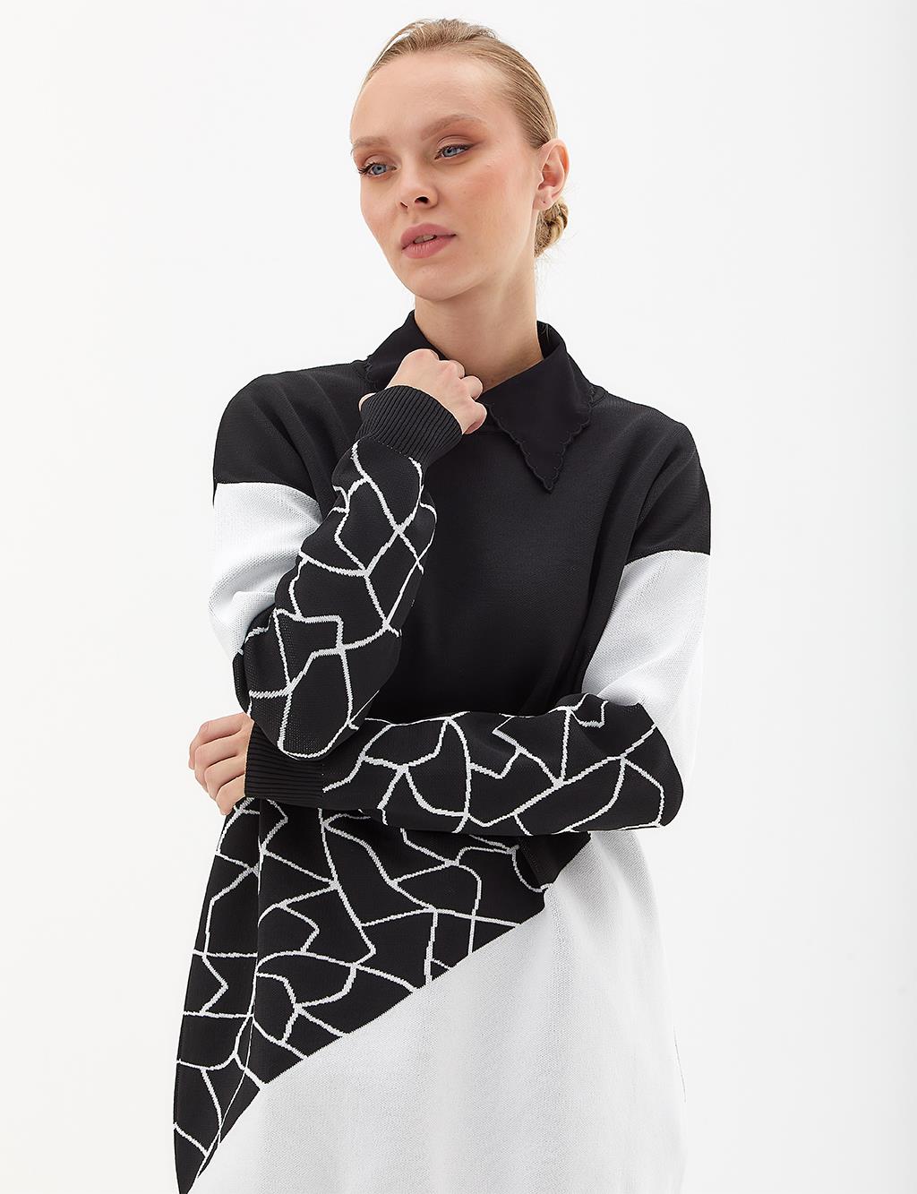 Marble Pattern Crew Neck Knitwear Tunic Black