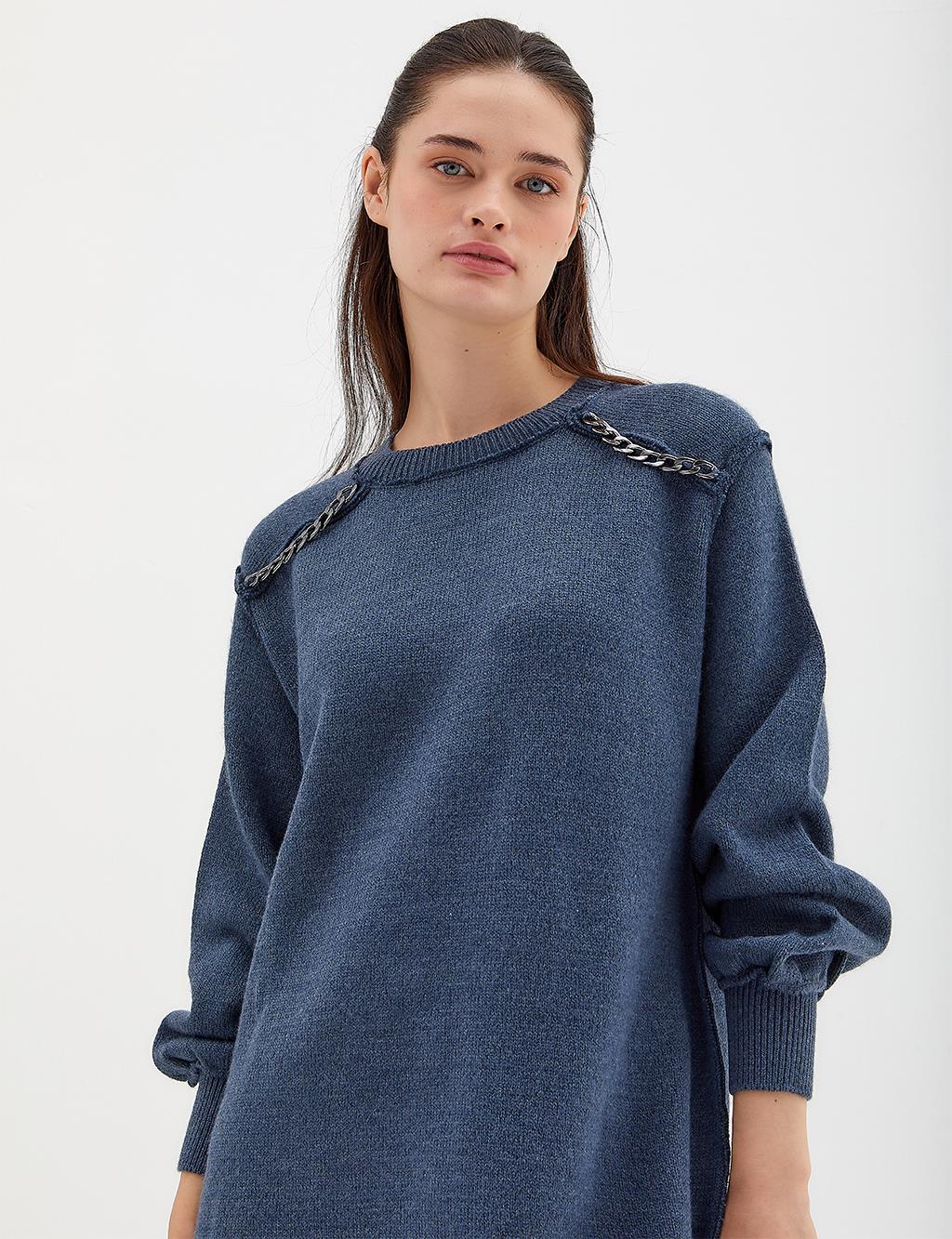 Knitwear Tunic With Chain Detail On The Shoulder, Dark Blue