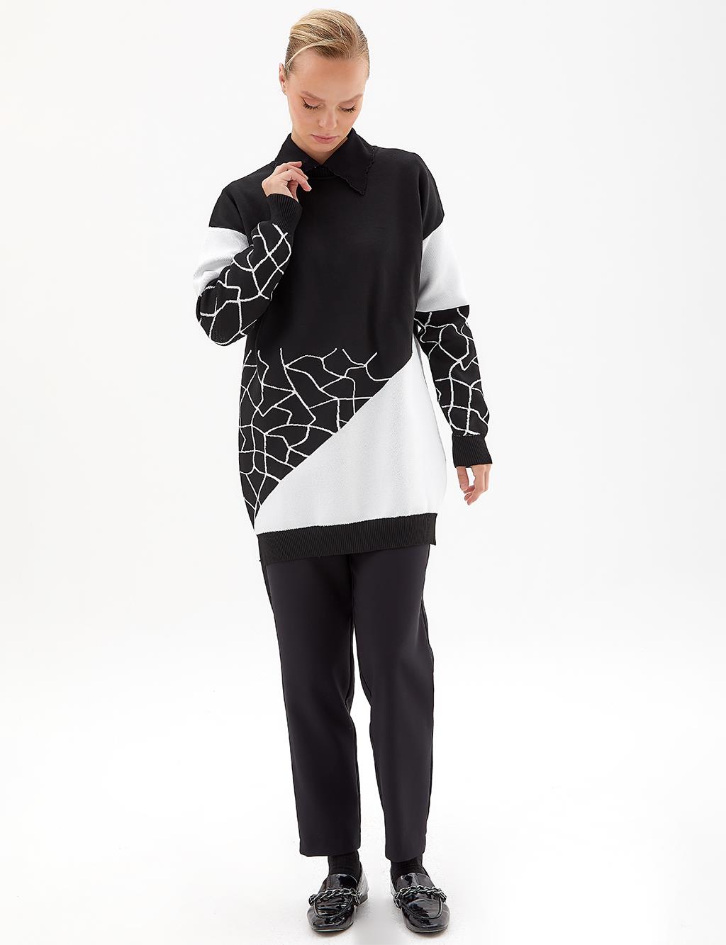 Marble Pattern Crew Neck Knitwear Tunic Black