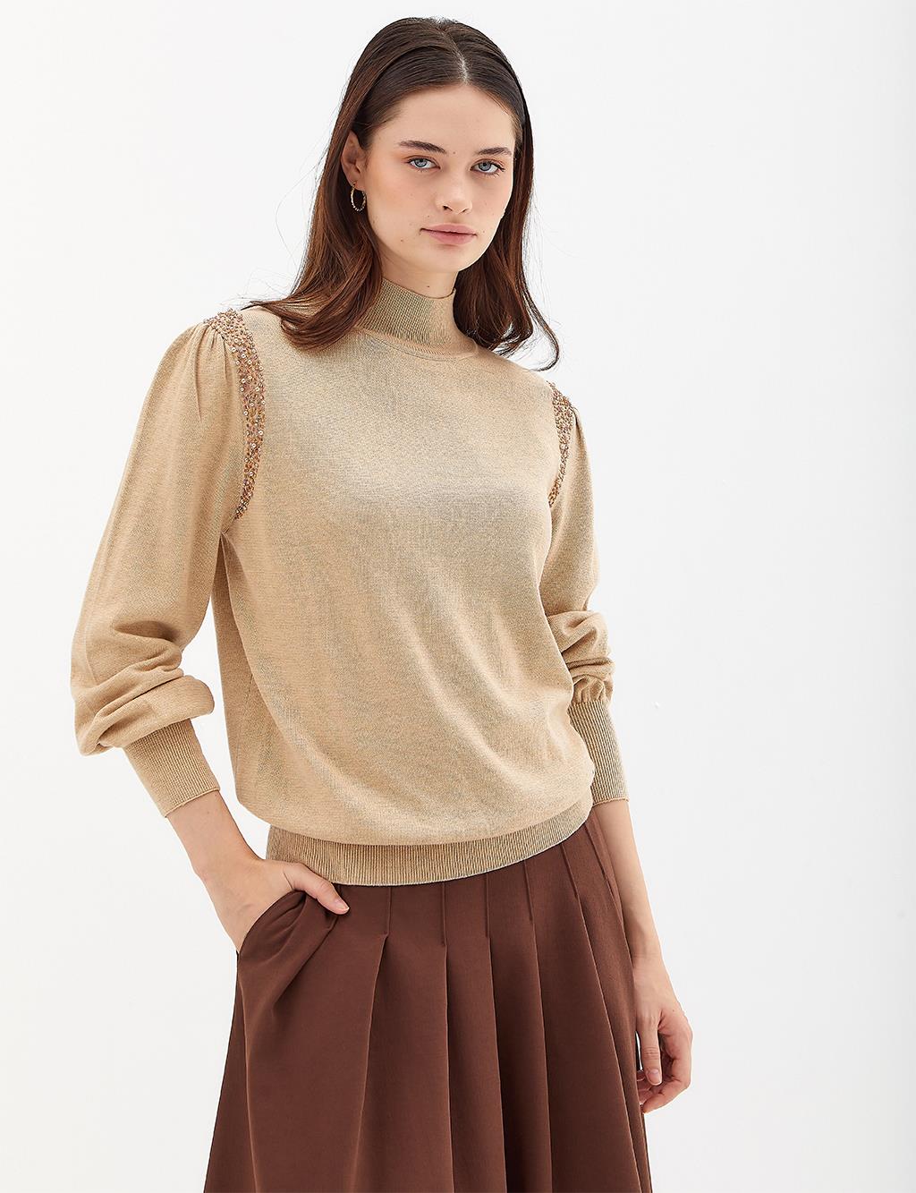 Exclusive Stoned Balloon Sleeve Knitwear Sweater Camel