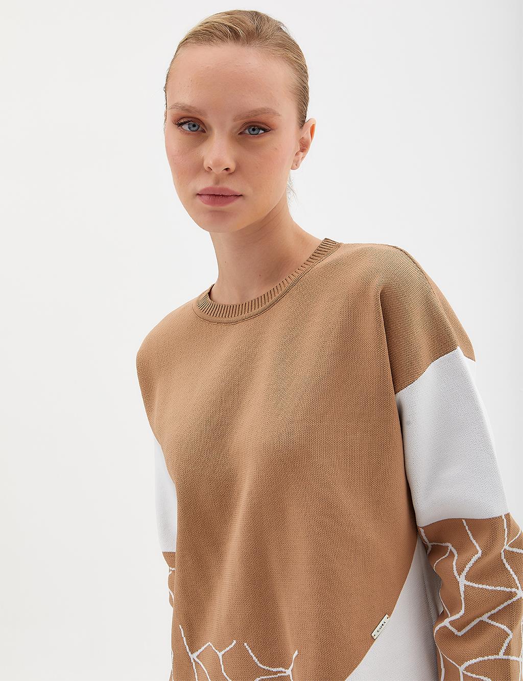 Marble Pattern Crew Neck Knitwear Tunic Beige-Ecru