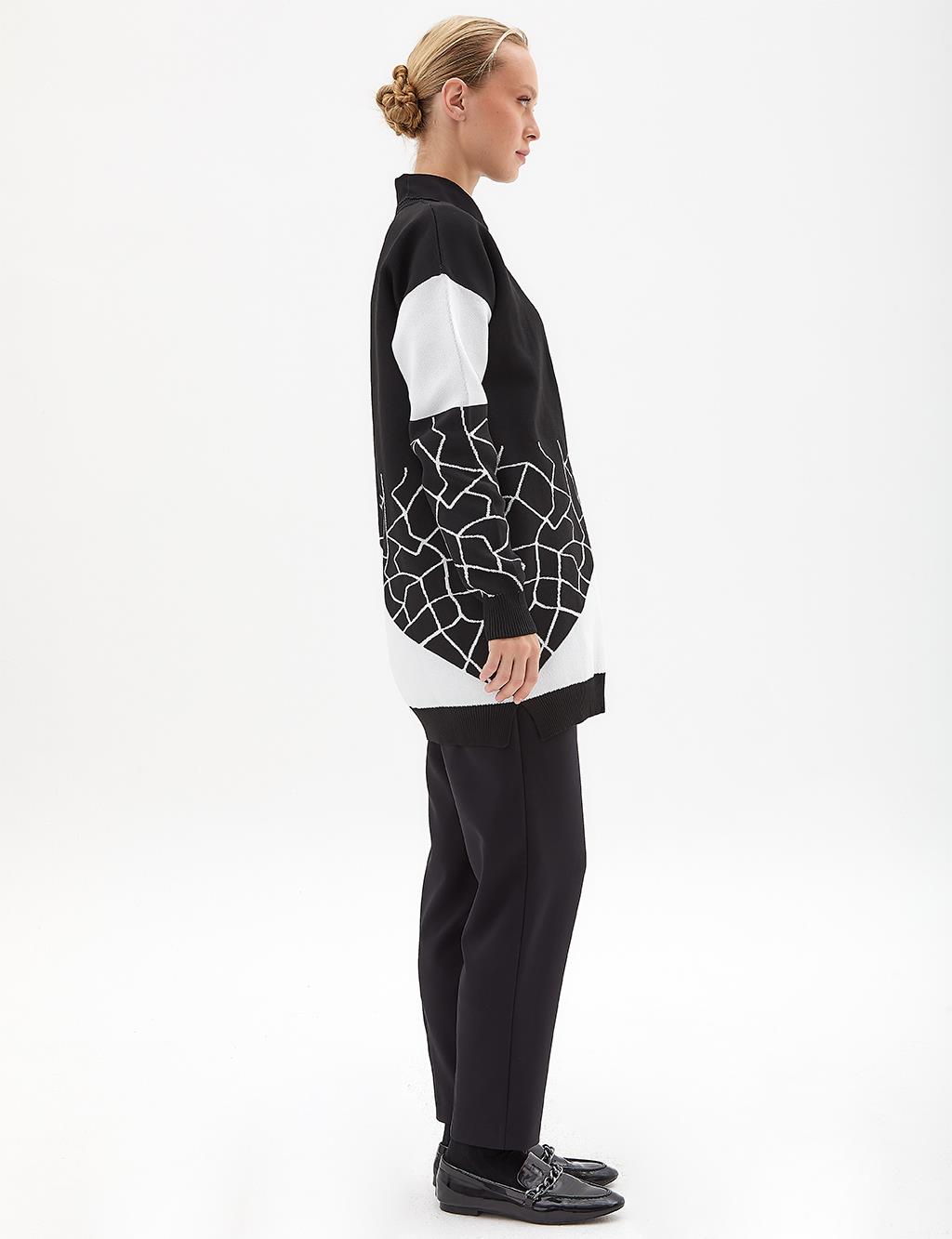 Marble Pattern Crew Neck Knitwear Tunic Black