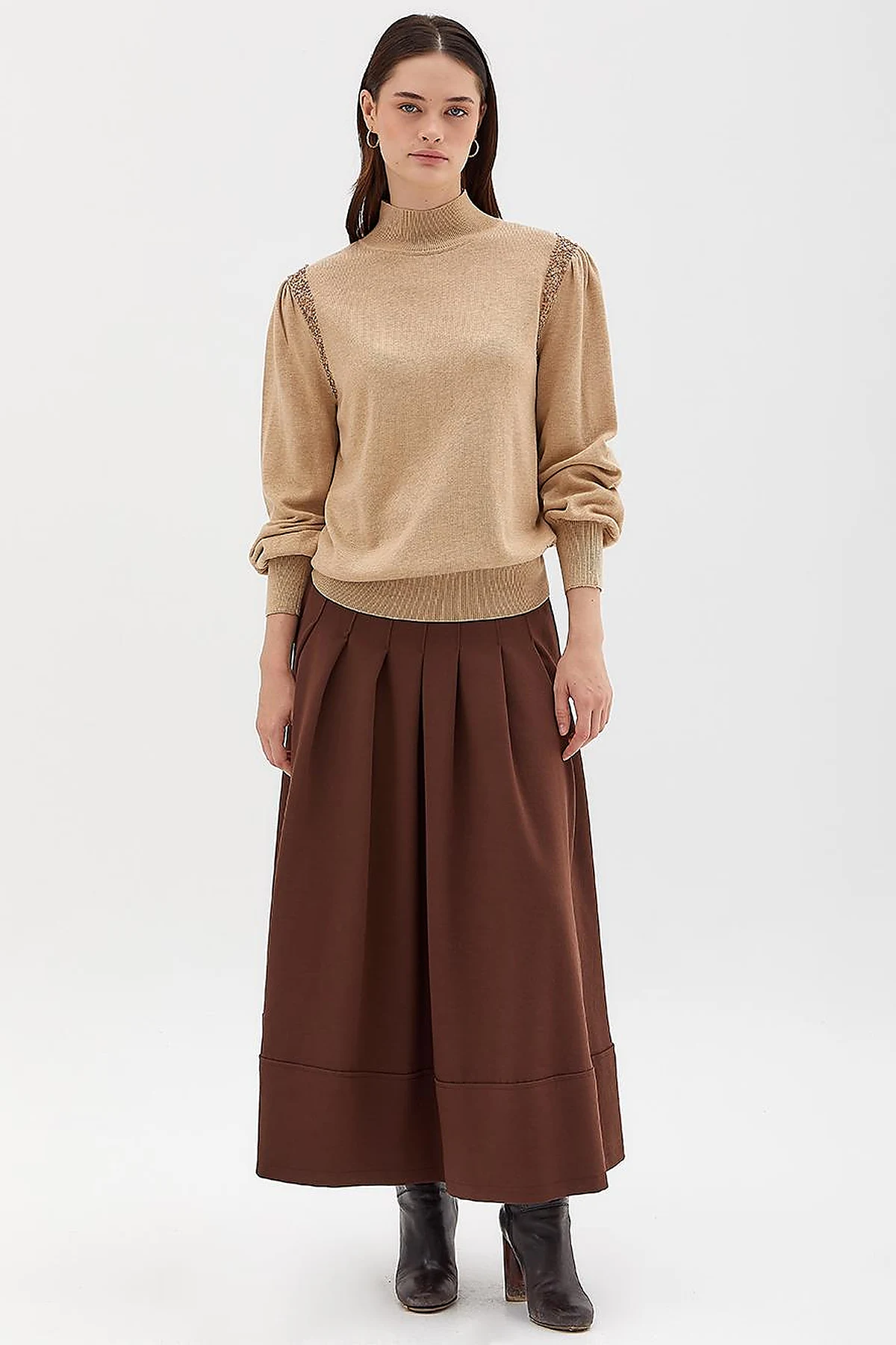 Exclusive Stoned Balloon Sleeve Knitwear Sweater Camel