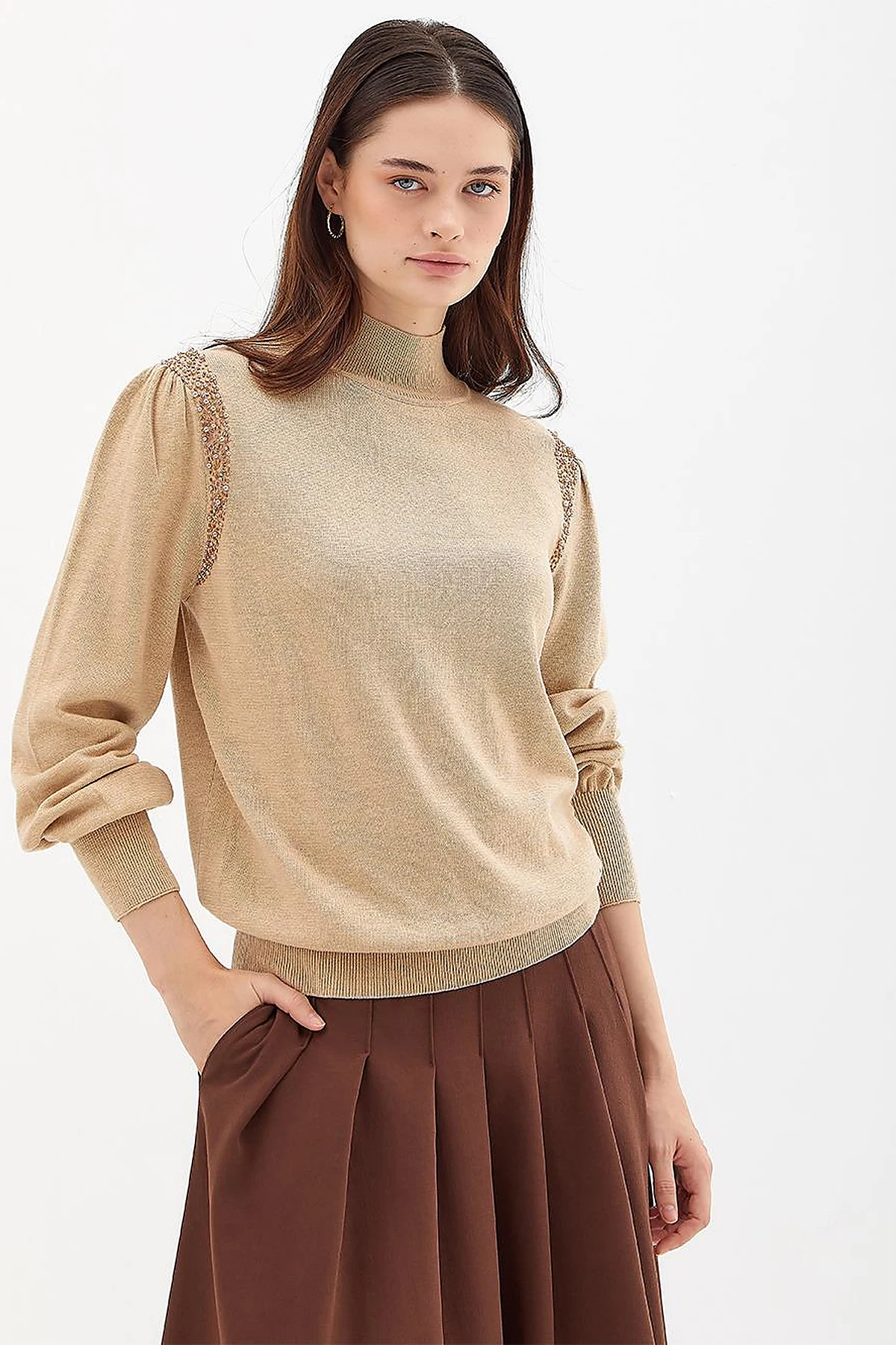 Exclusive Stoned Balloon Sleeve Knitwear Sweater Camel