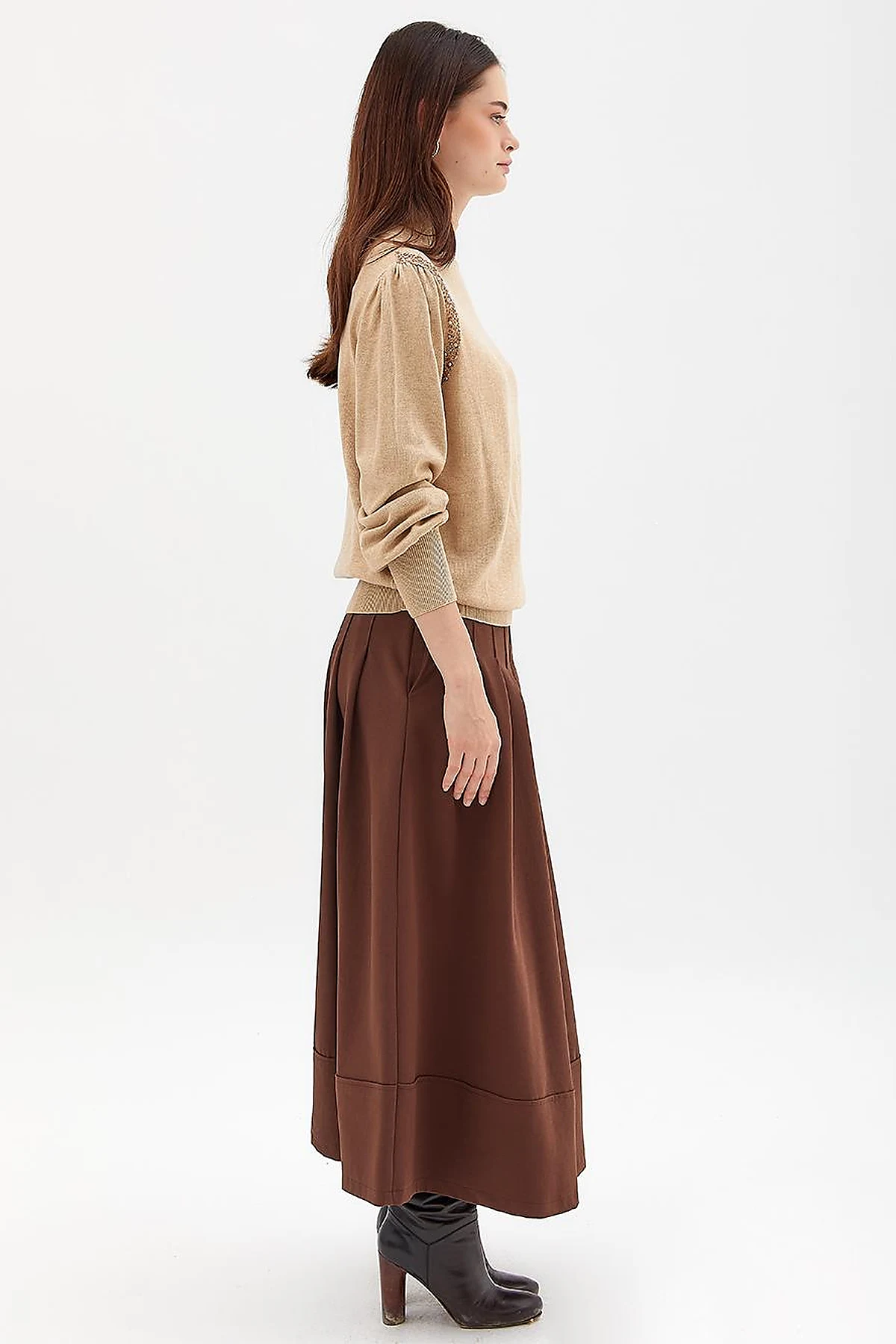 Exclusive Stoned Balloon Sleeve Knitwear Sweater Camel