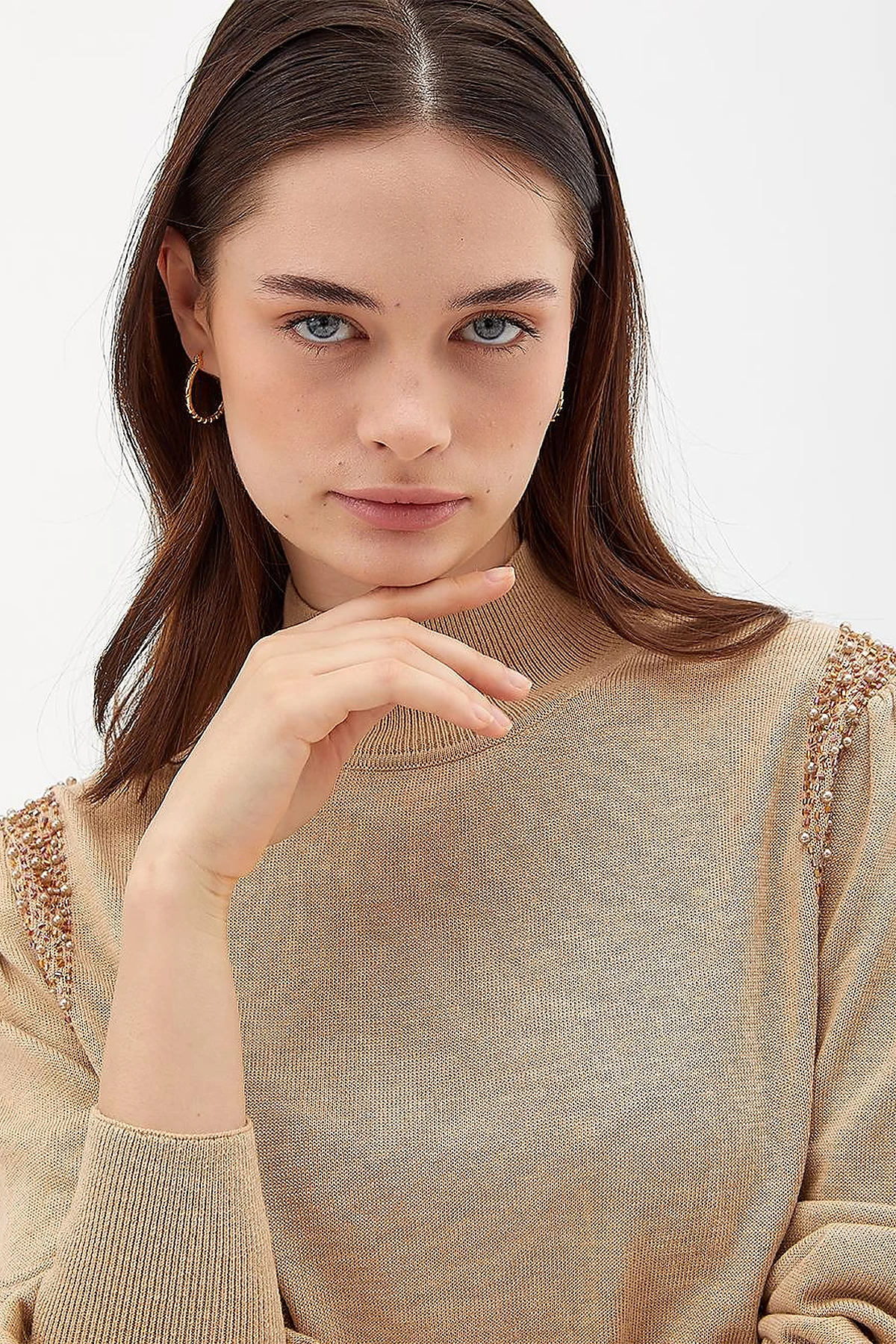 Exclusive Stoned Balloon Sleeve Knitwear Sweater Camel
