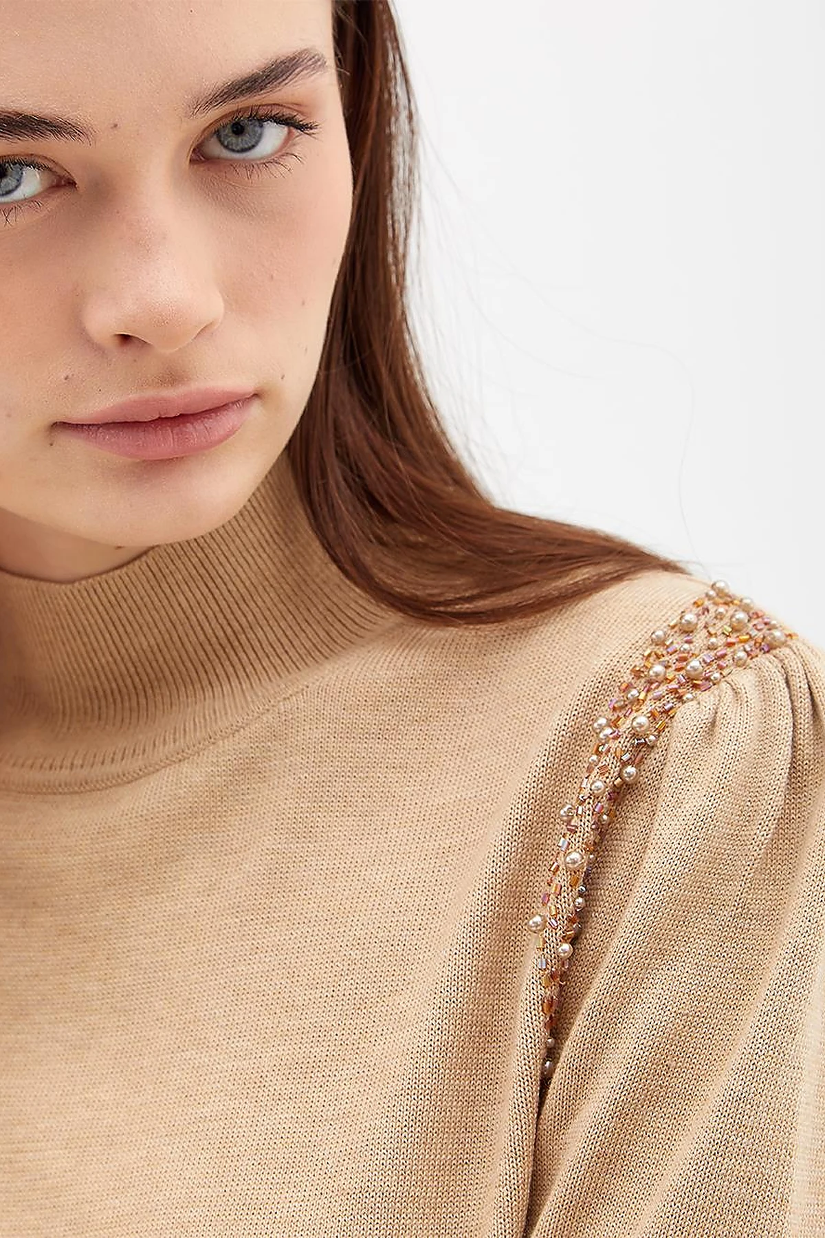 Exclusive Stoned Balloon Sleeve Knitwear Sweater Camel