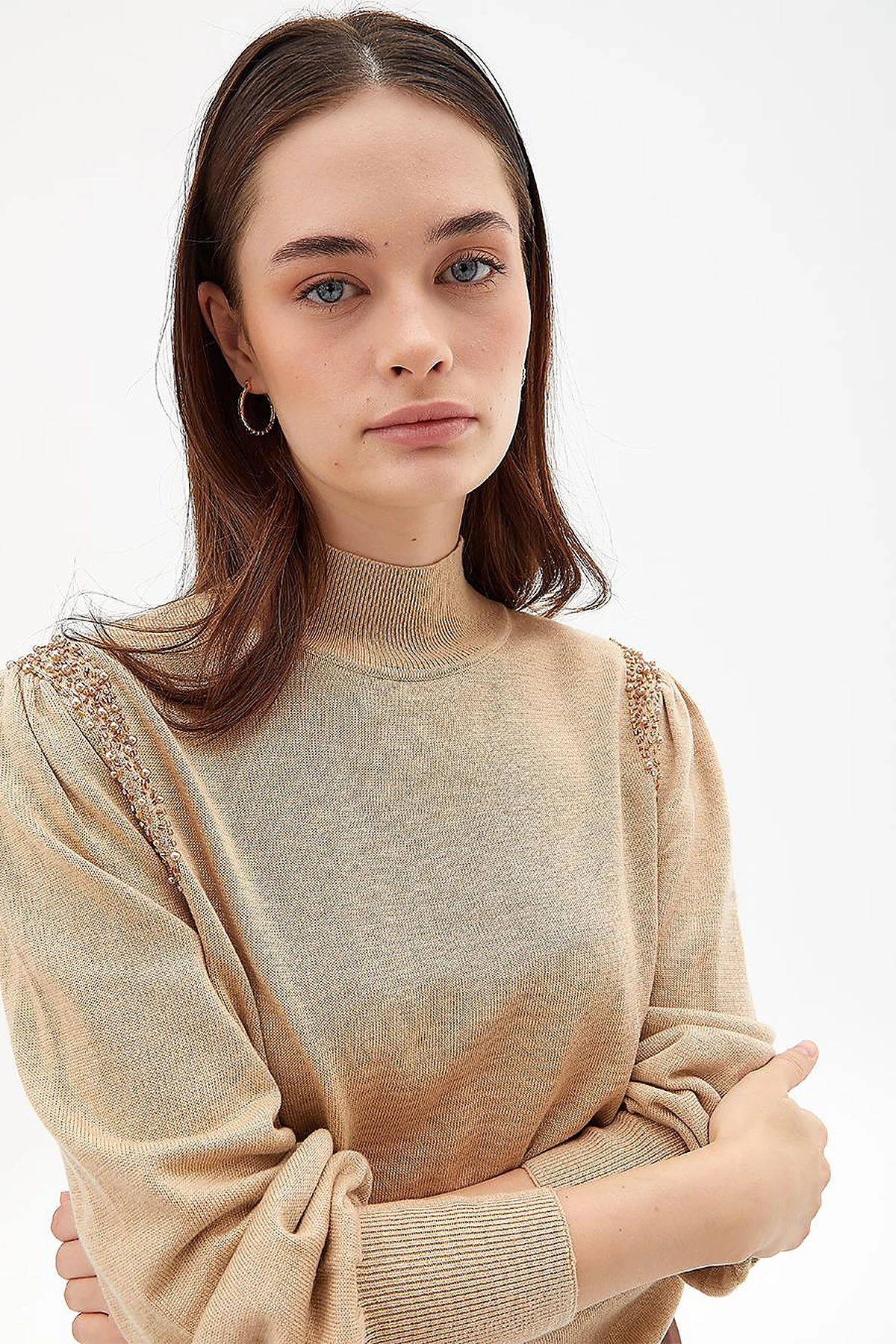 Exclusive Stoned Balloon Sleeve Knitwear Sweater Camel