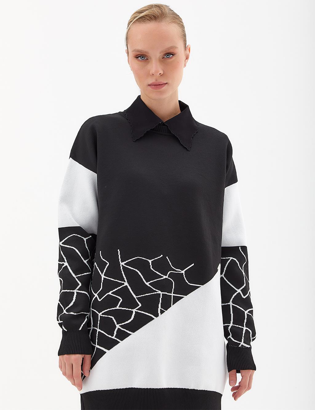 Marble Pattern Crew Neck Knitwear Tunic Black