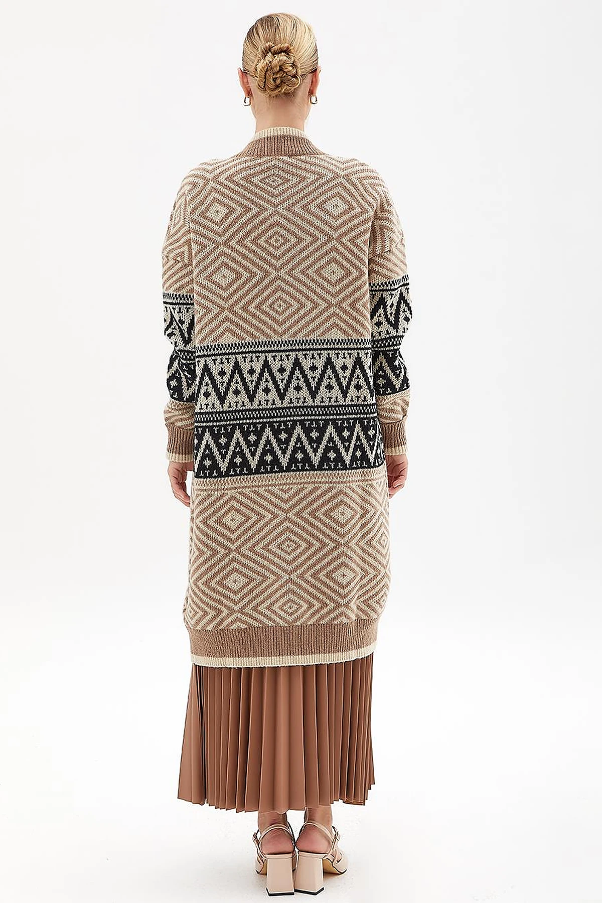Exclusive Ethnic Patterned Knitwear Cardigan Beige