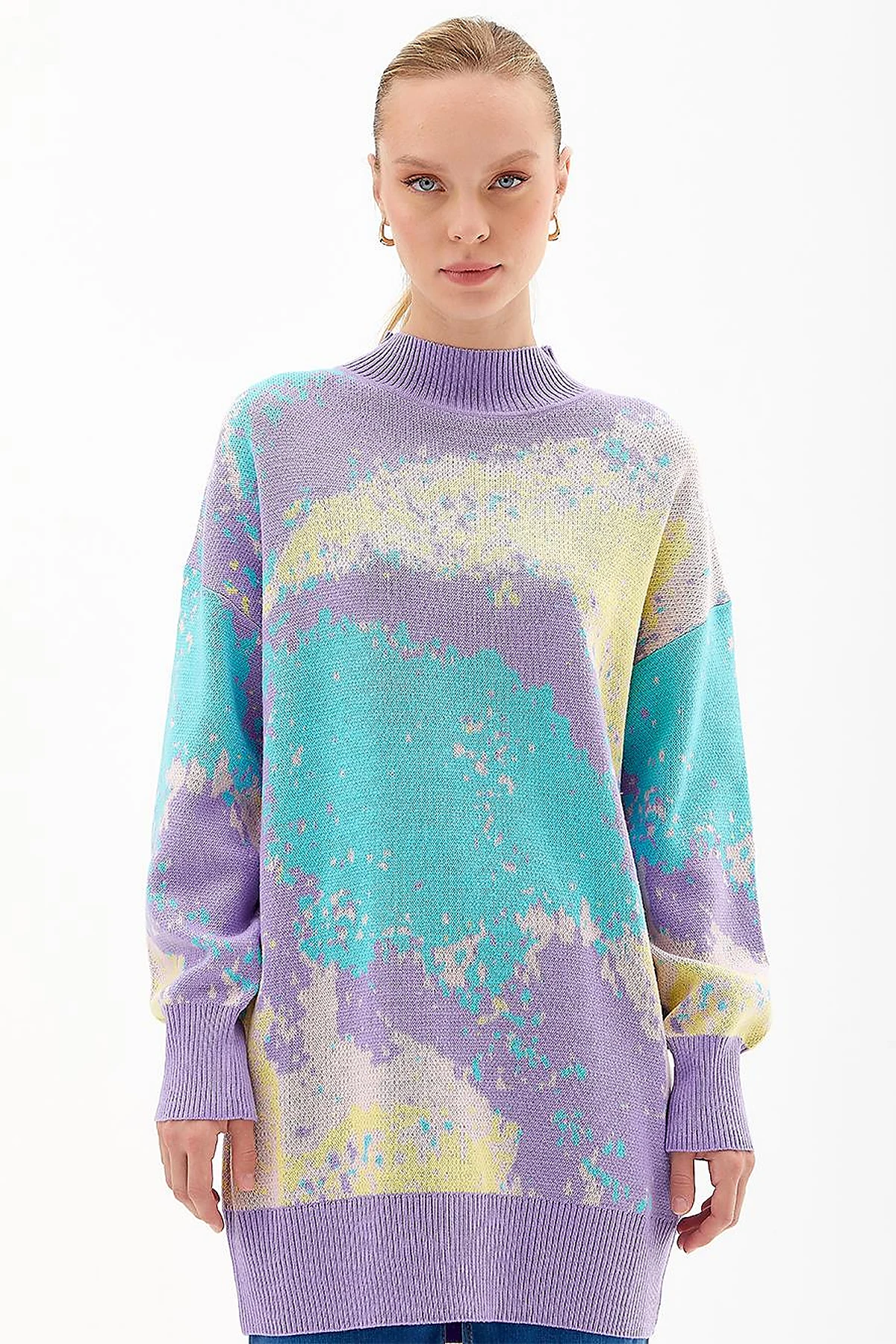 Exclusive Soyut Desen Triko Tunik Lila