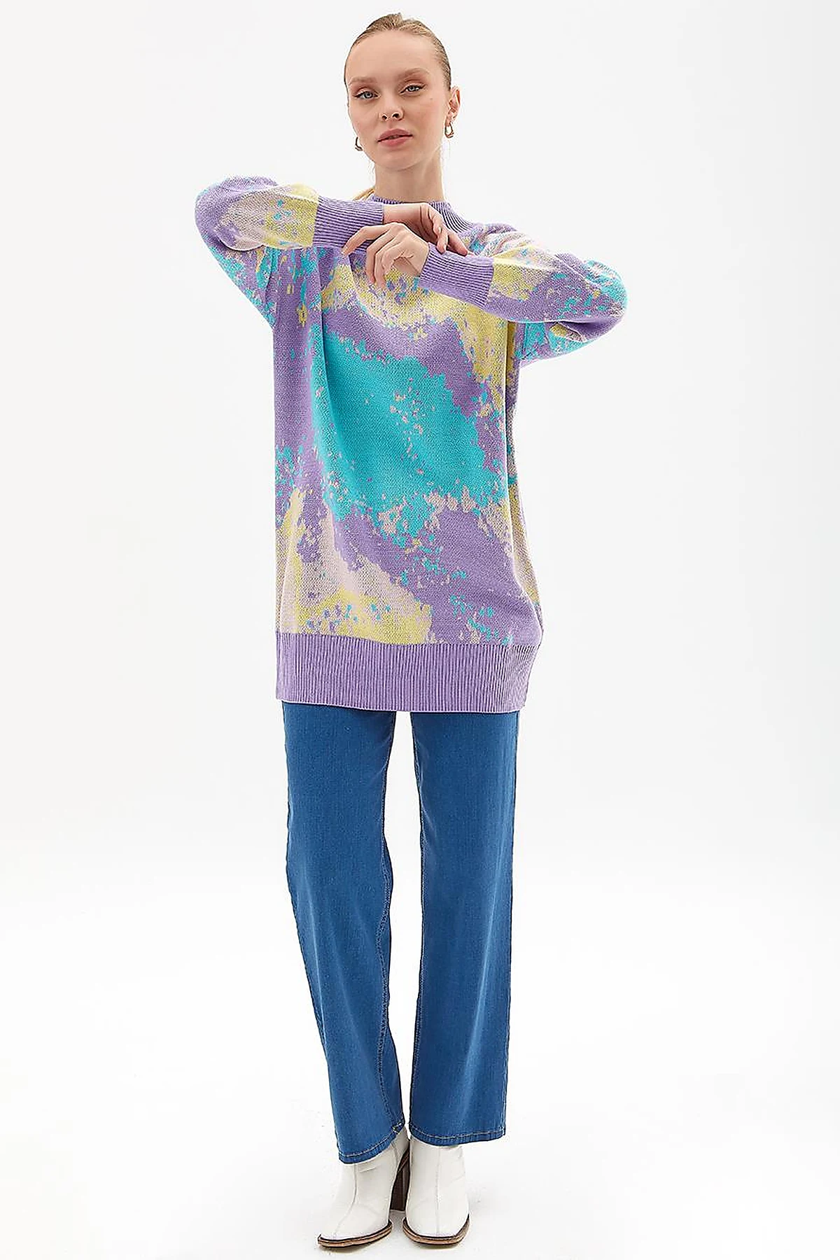 Exclusive Soyut Desen Triko Tunik Lila