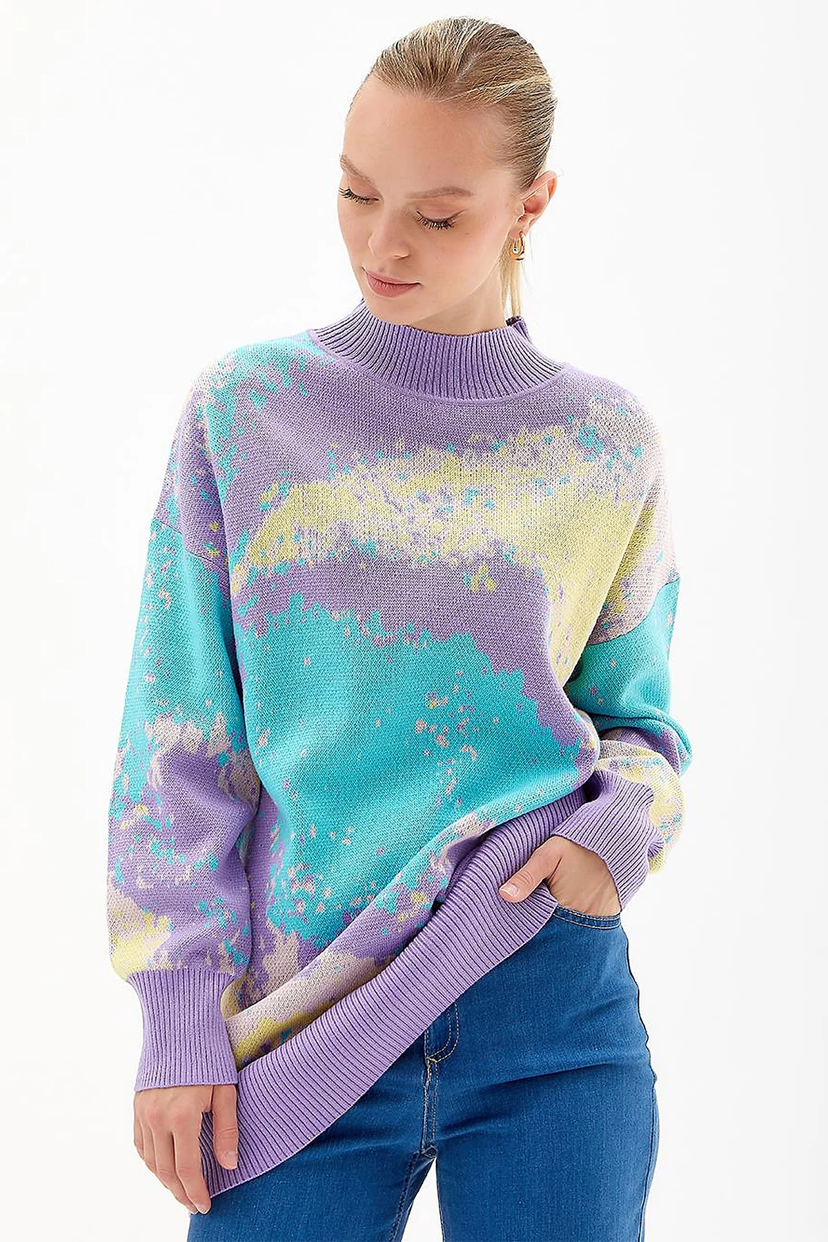 Exclusive Soyut Desen Triko Tunik Lila