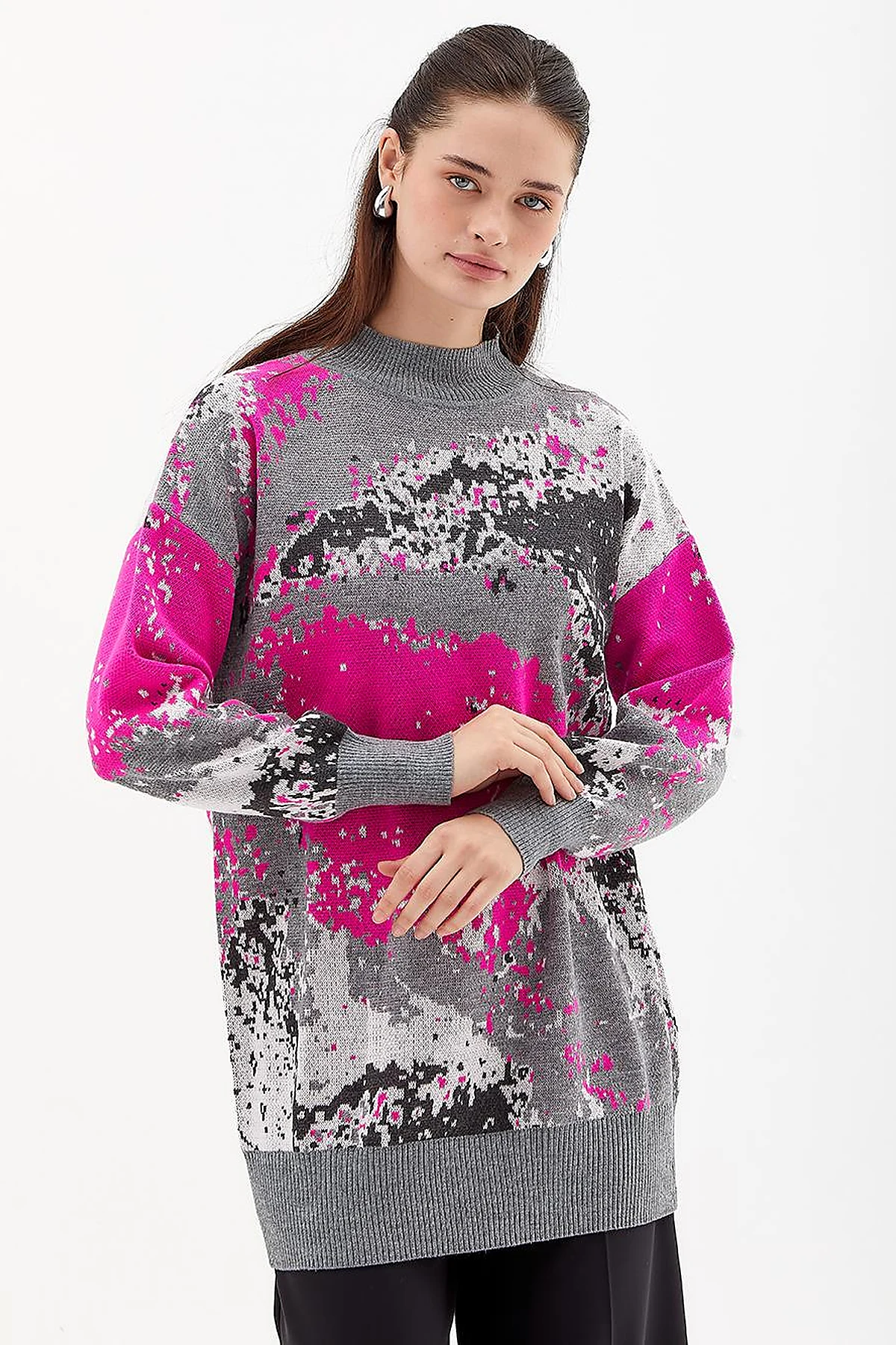 Exclusive Soyut Desen Triko Tunik  Gri