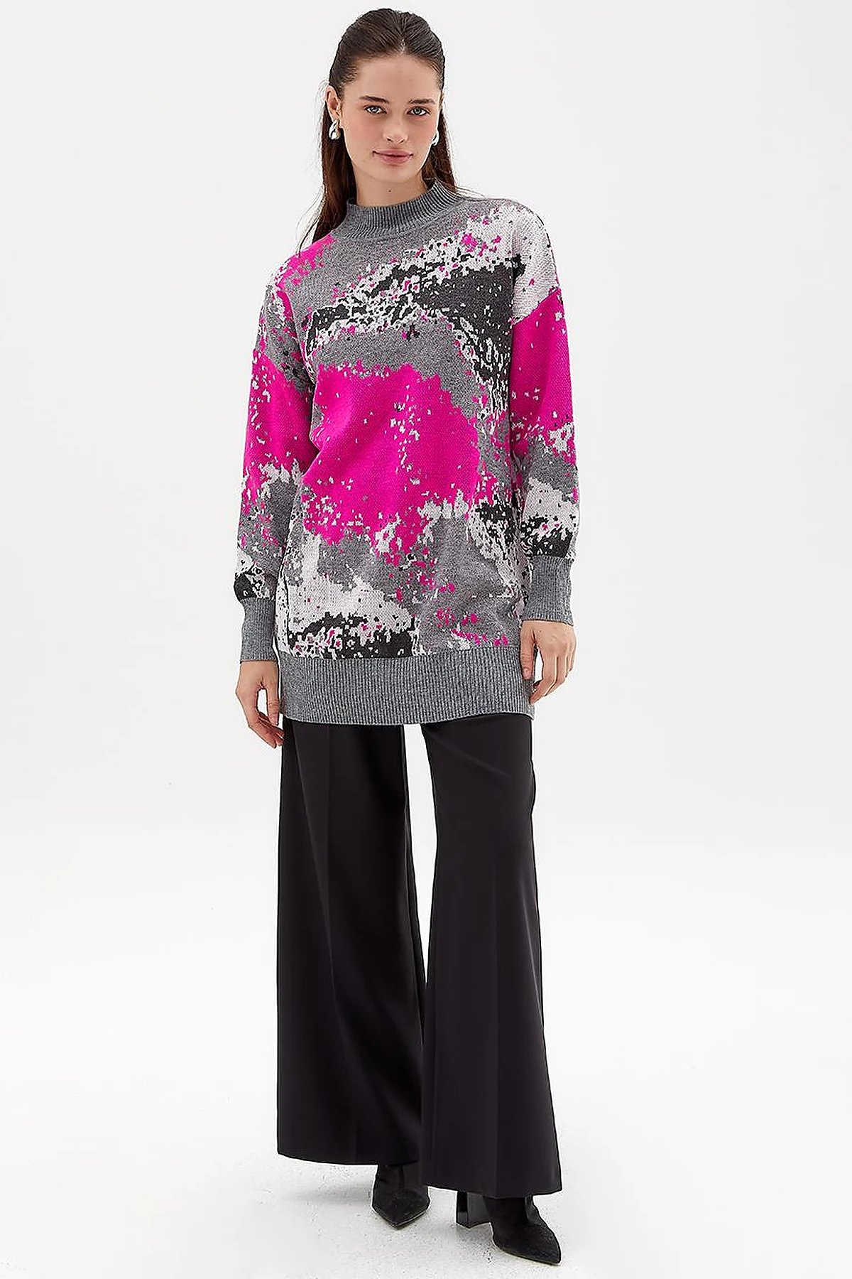 Exclusive Soyut Desen Triko Tunik  Gri