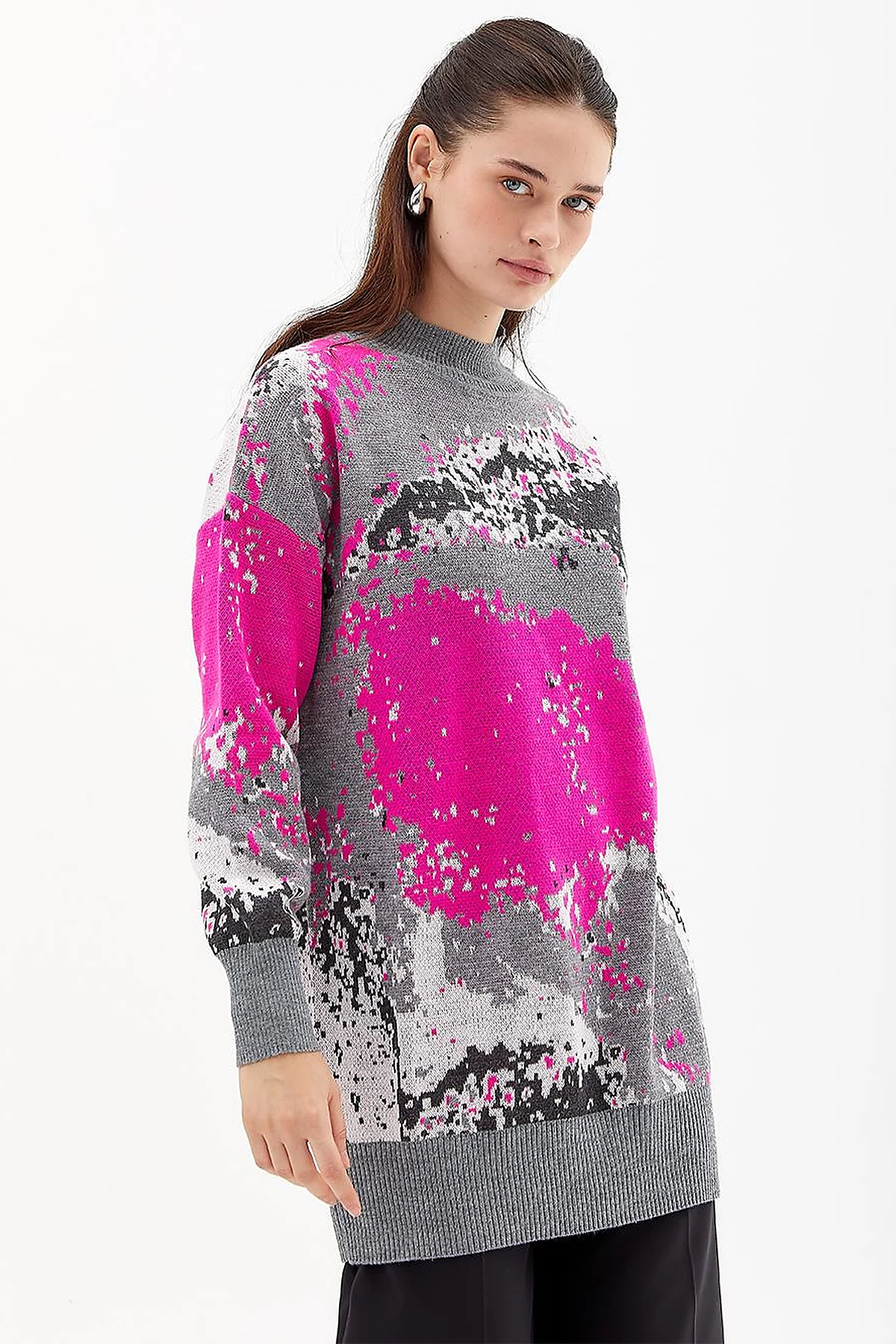 Exclusive Soyut Desen Triko Tunik  Gri