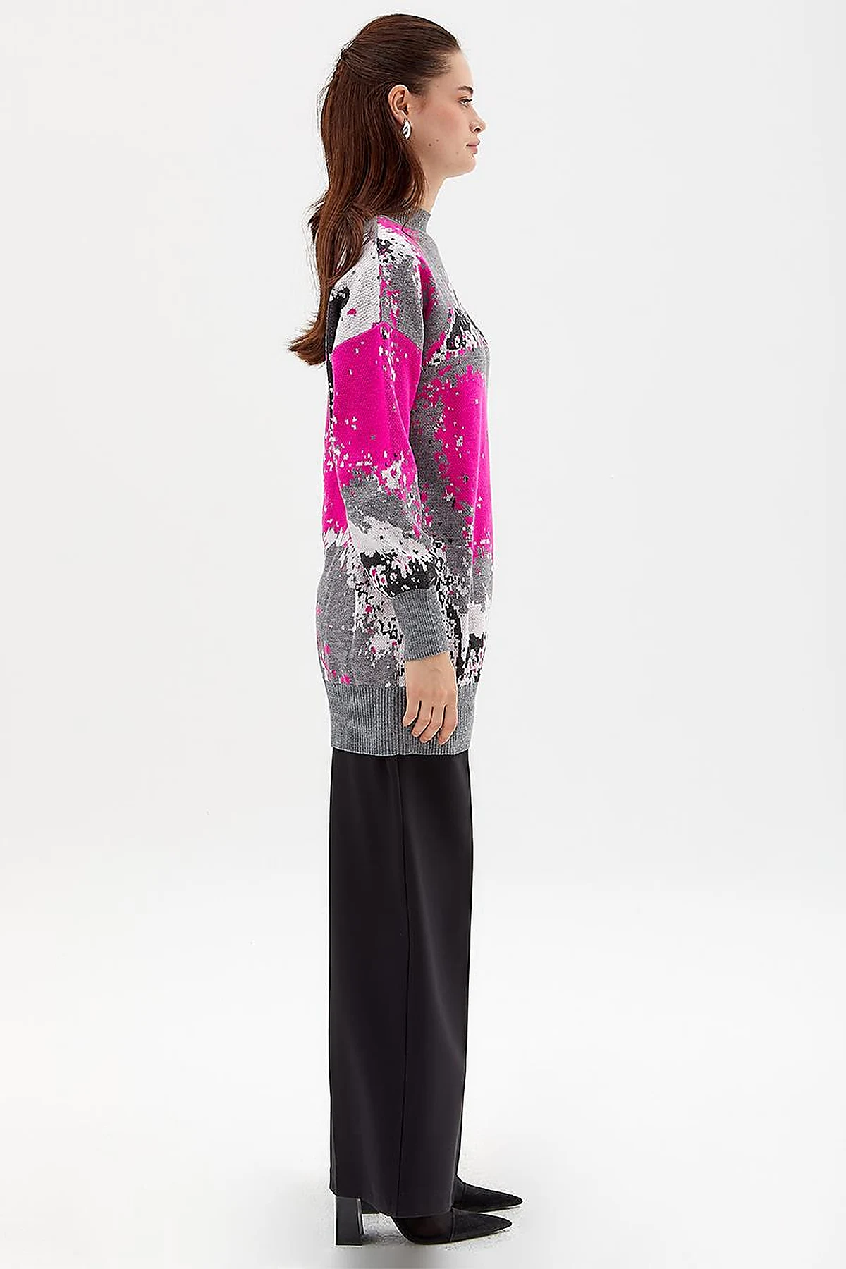 Exclusive Soyut Desen Triko Tunik  Gri