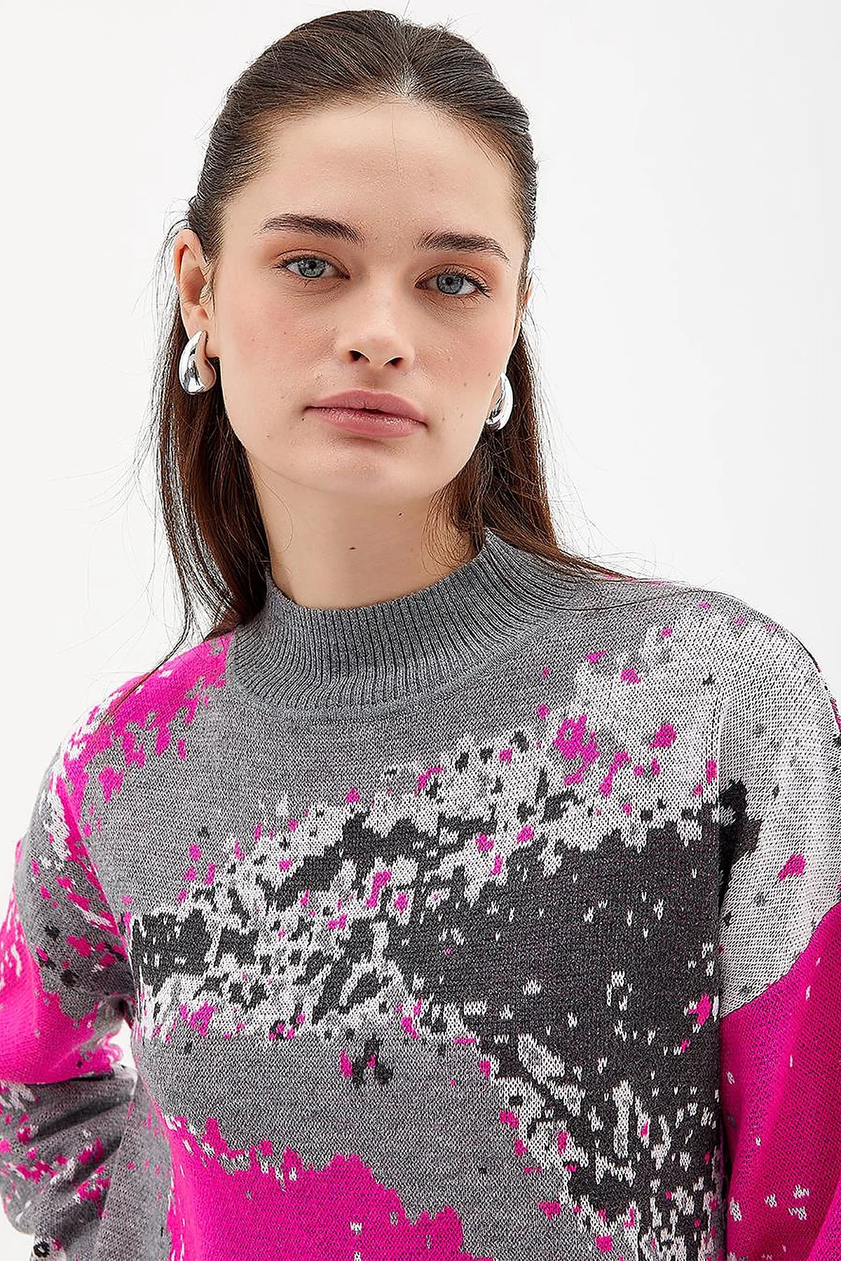 Exclusive Soyut Desen Triko Tunik  Gri