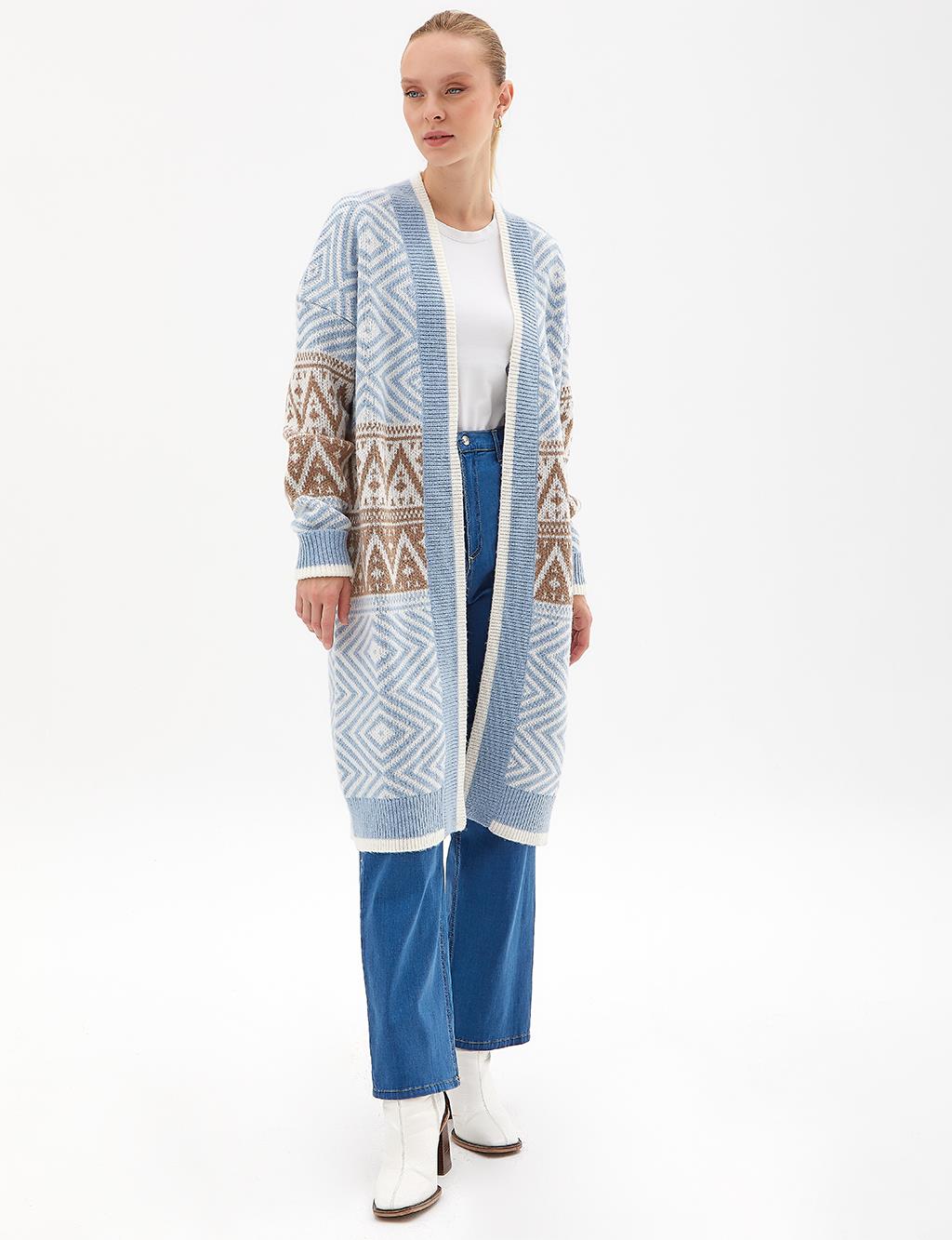 Exclusive Ethnic Patterned Knitwear Cardigan Blue